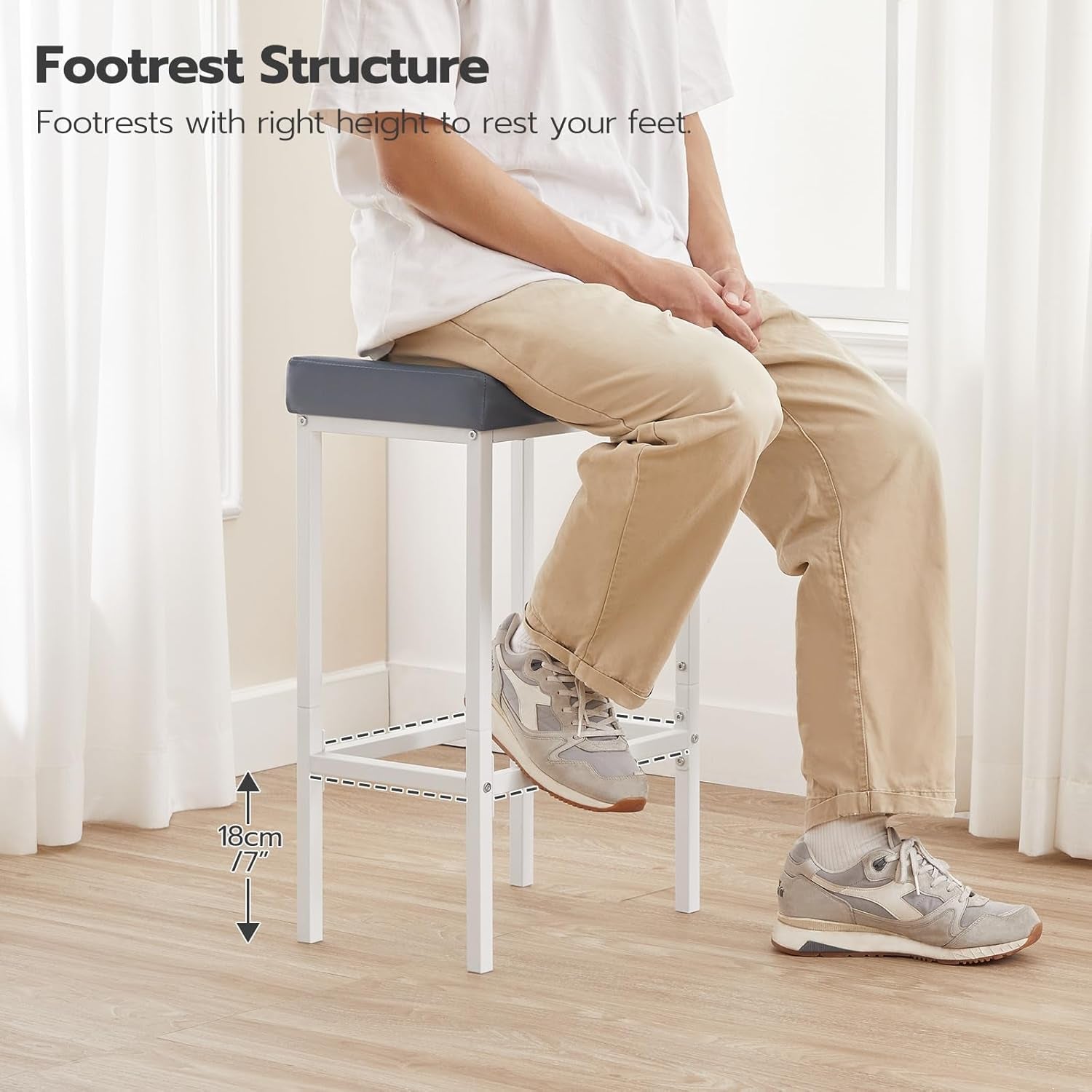 Saddle Bar Stools Set of 2, 24.8 Inches, White and Gray