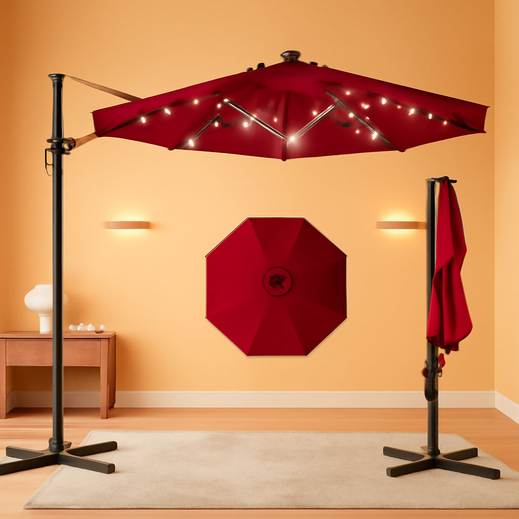 10ft Solar LED Cantilever Patio Umbrella With 360 Degree Rotation And Easy Tilt Cross Base