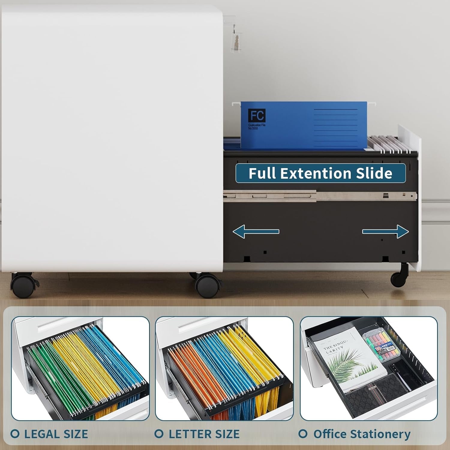 Mobile Filing Cabinet 3 Drawer White Lock On Wheels