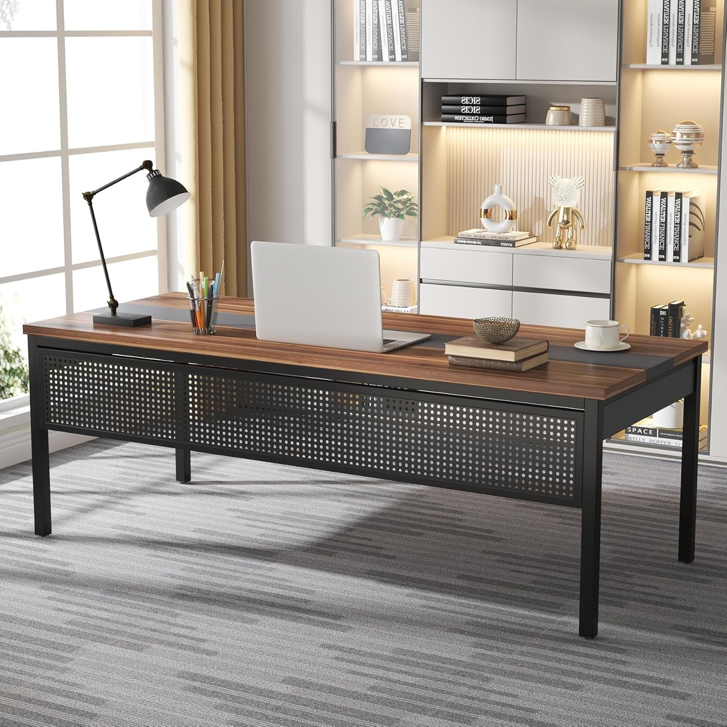 71 Inch Walnut Executive L Shaped Desk With File Cabinet