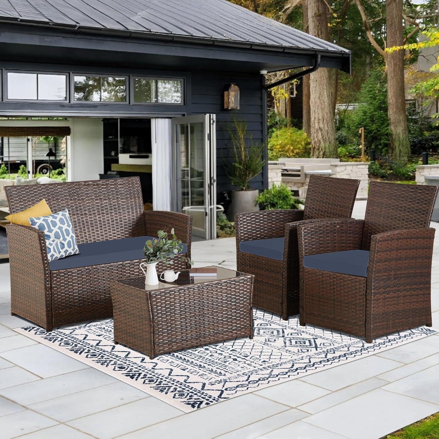 4 Piece Outdoor Patio Furniture Set Wicker Sofa With Coffee Table Gray Cushions