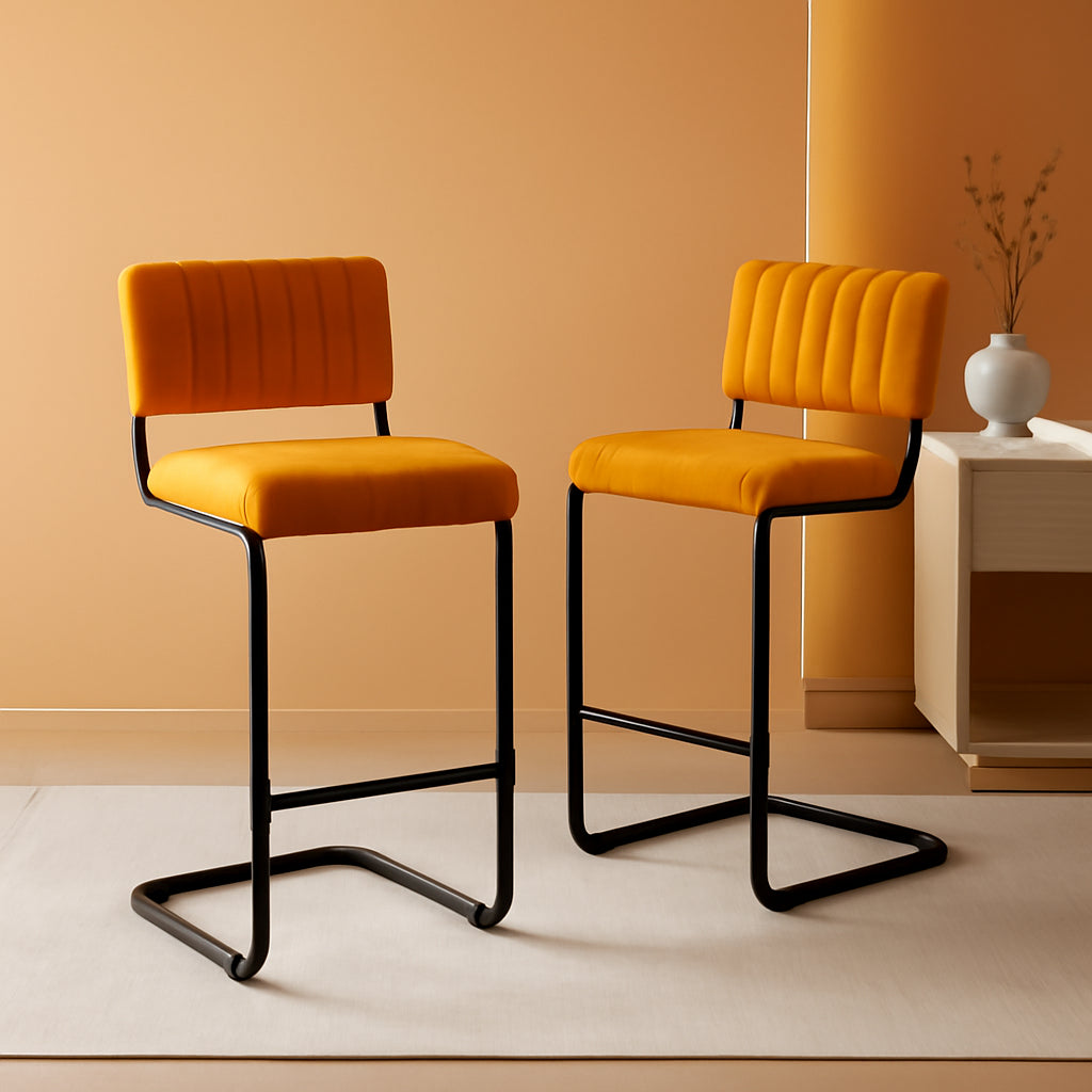 Velvet Bar Height Stools Orange Cantilever Set of 2