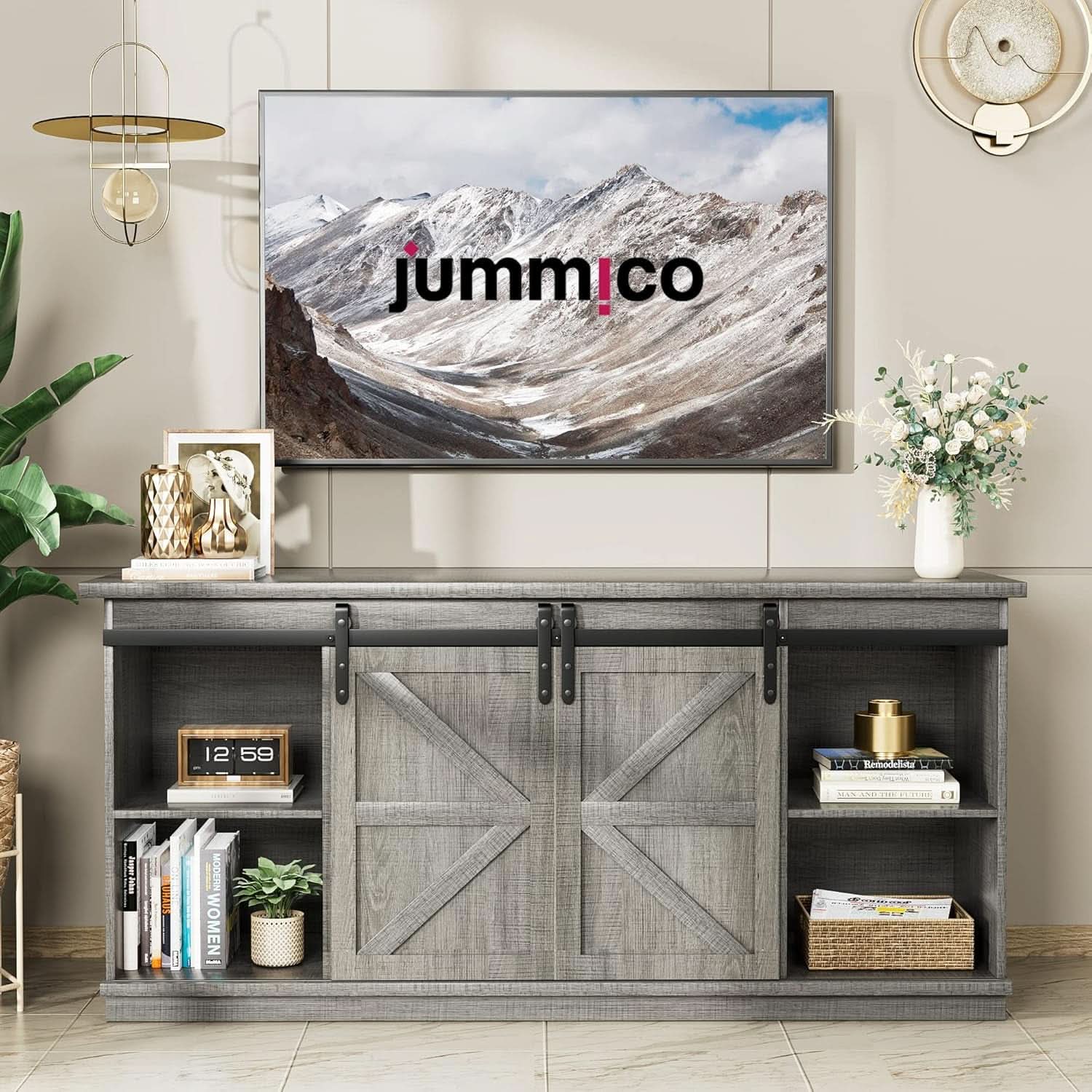 65 Inch TV Stand With Sliding Barn Doors Media Console