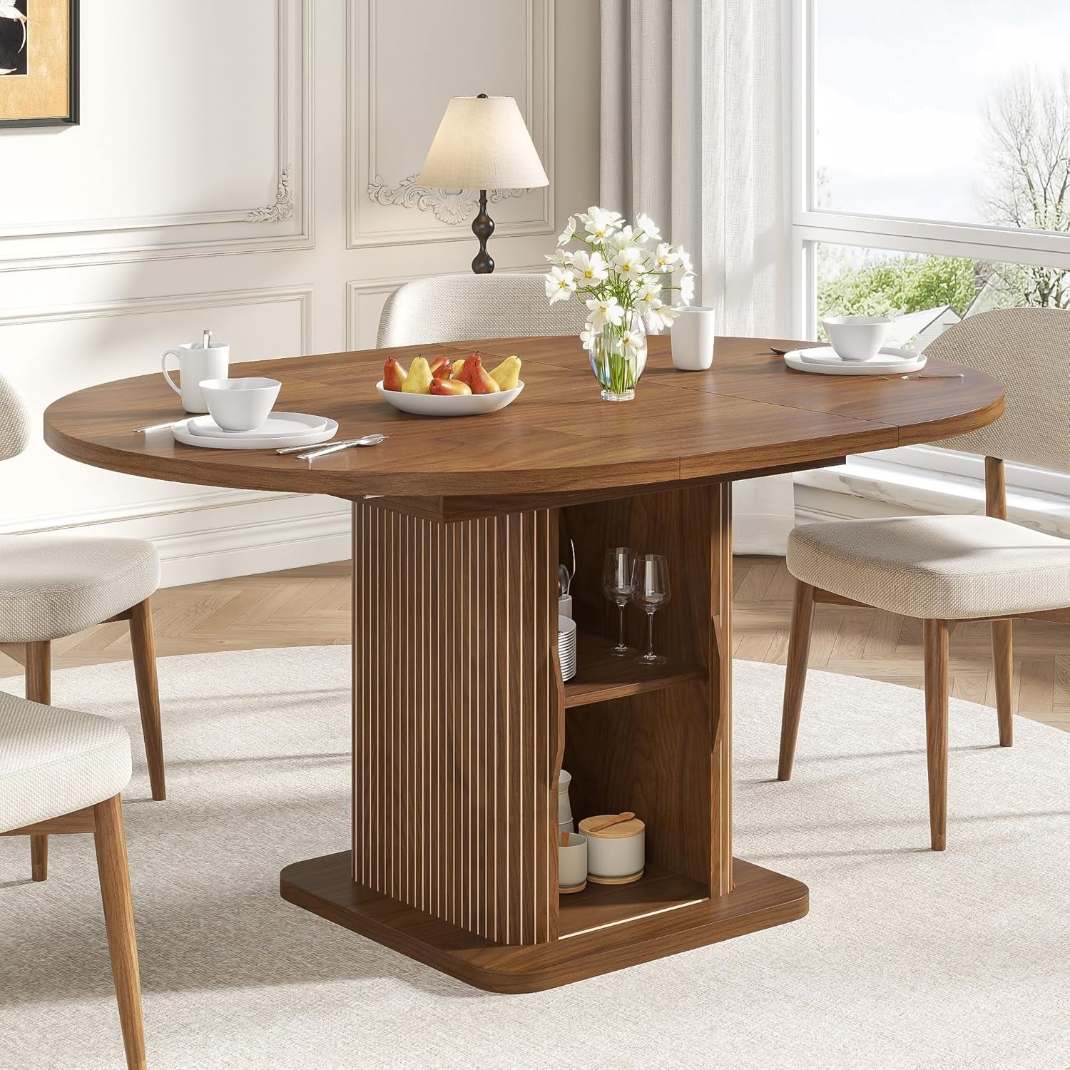 Extendable Round Dining Table 59 Inch Walnut Modern