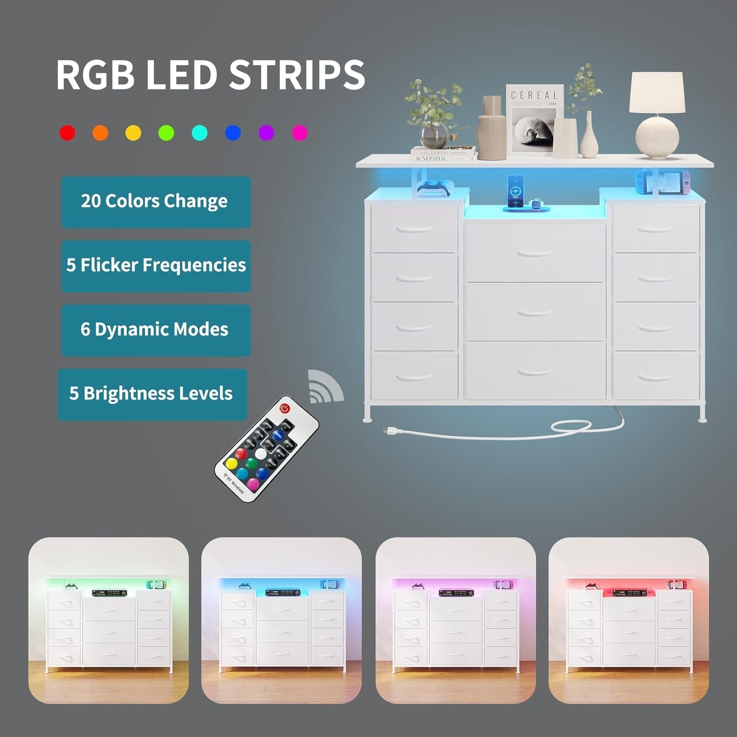 11 Drawer Dresser With Fabric Drawers And Charging Station For Bedroom Storage And Organization