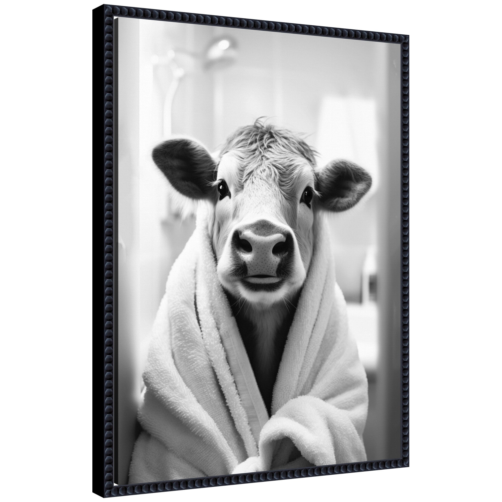 Sylvie Cow Bathroom Art Towel Robe Black and White Framed Canvas by The Creative Bunch Studio