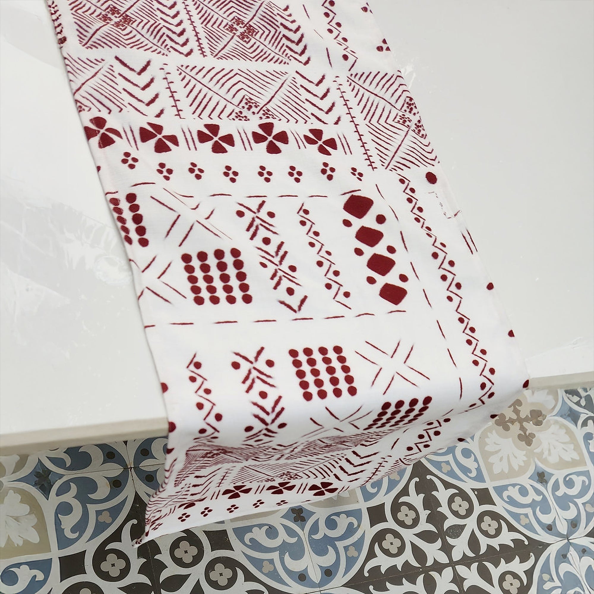 White & Maroon Tribal Table Runner | Organic Linen | Bohemian Style | 92-305cm-0