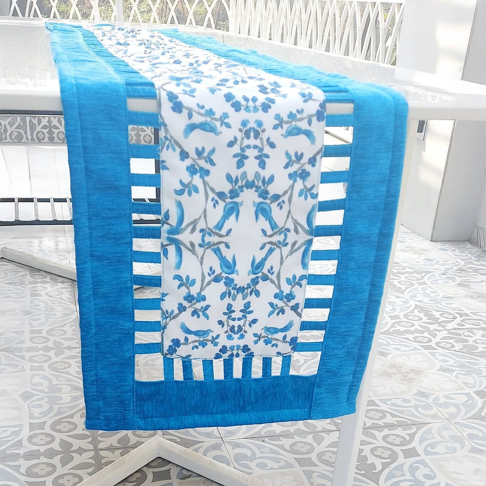 Blue & White Chinoiserie Table Runner | Organic Linen | Cutwork Design | 92-305cm-1