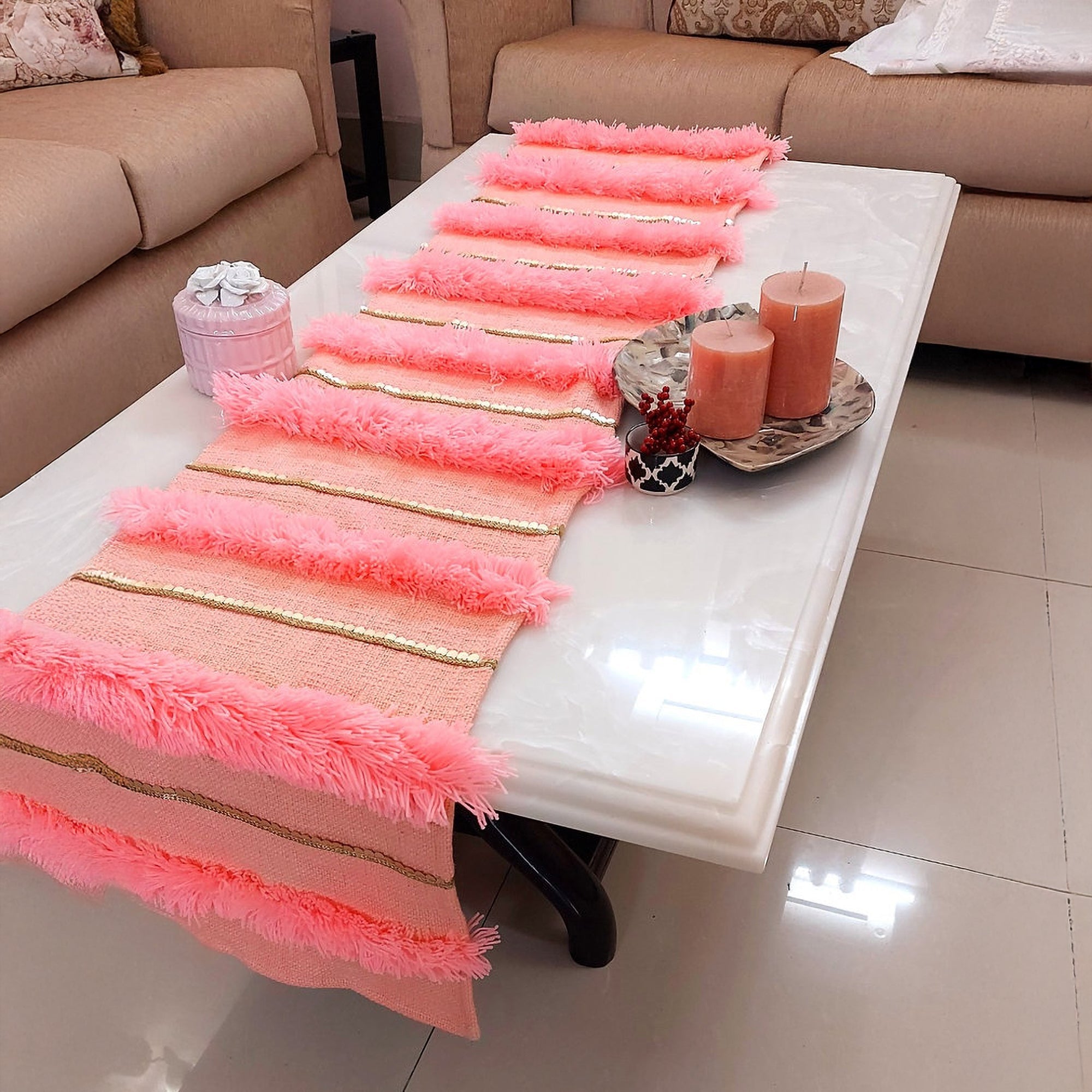 Peach Shag Table Runner | Linen with Gold Sequins | 92-305cm-3