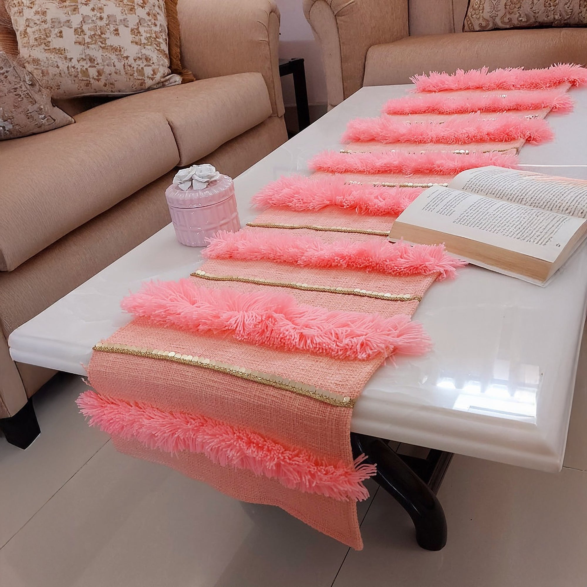 Peach Shag Table Runner | Linen with Gold Sequins | 92-305cm-0