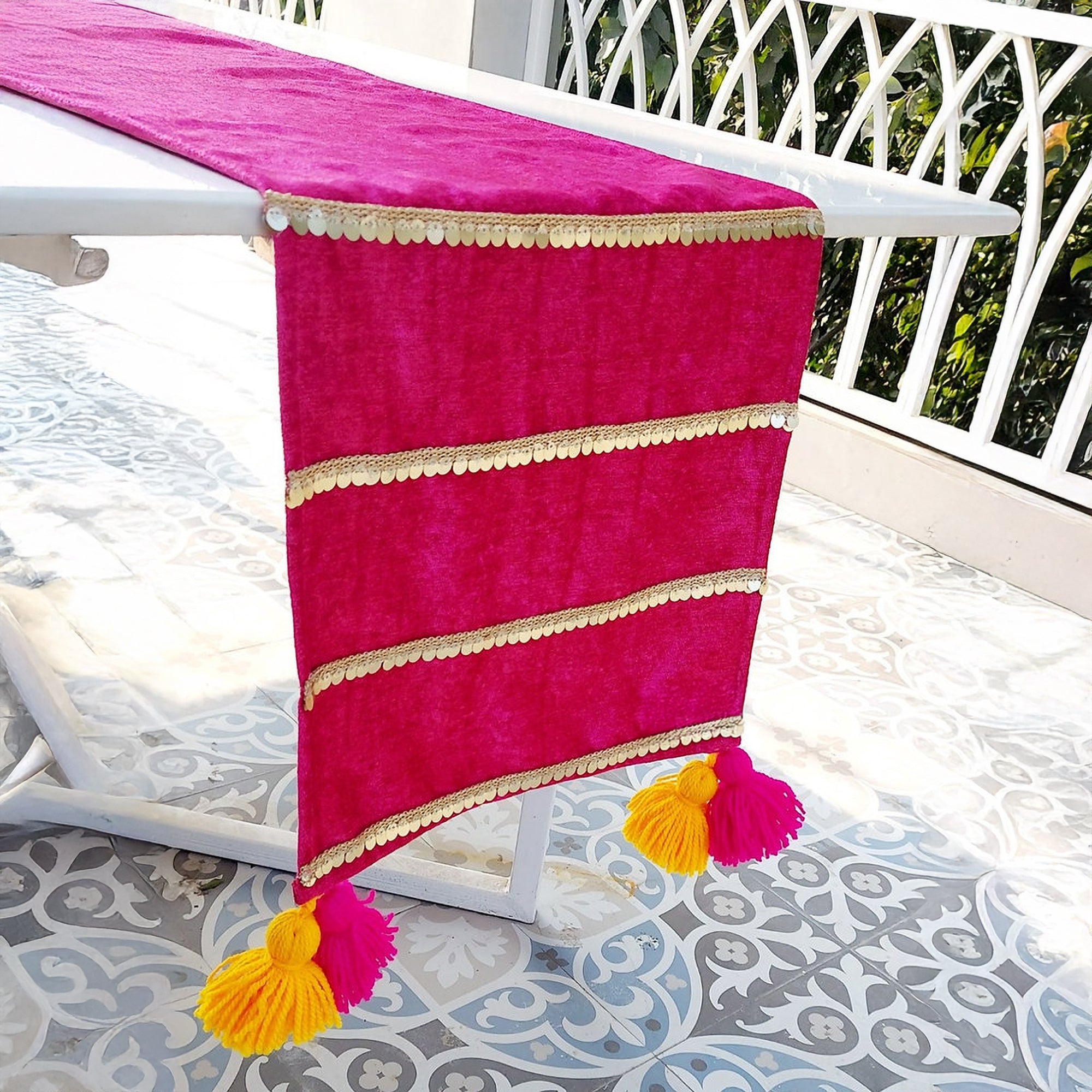 Magenta Velvet Table Runner | Gold Sequin Trim | Tassels | 92-305cm-0