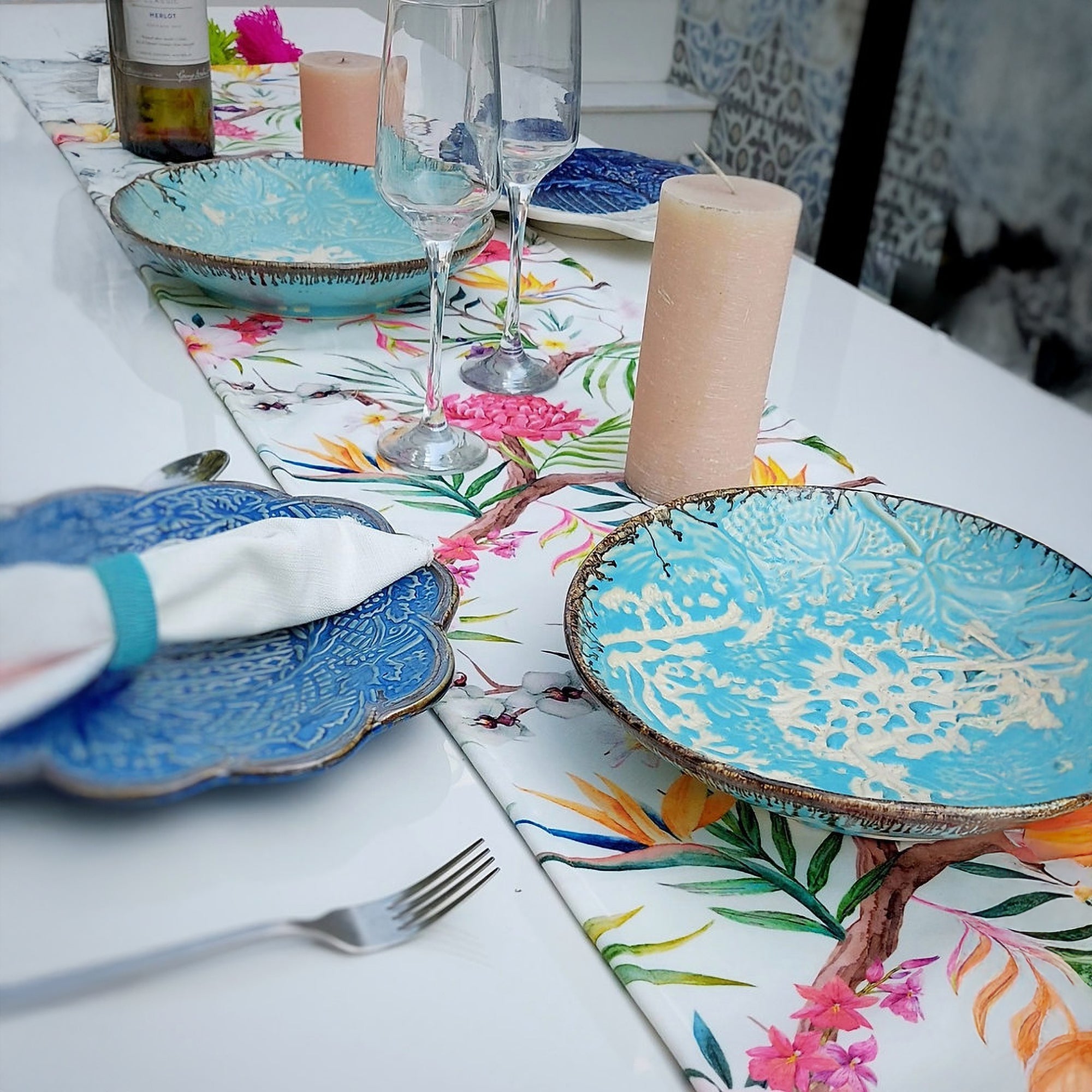 Tropical Floral Table Runner | Organic Linen | Multicolor Tassels | 92-305cm-3