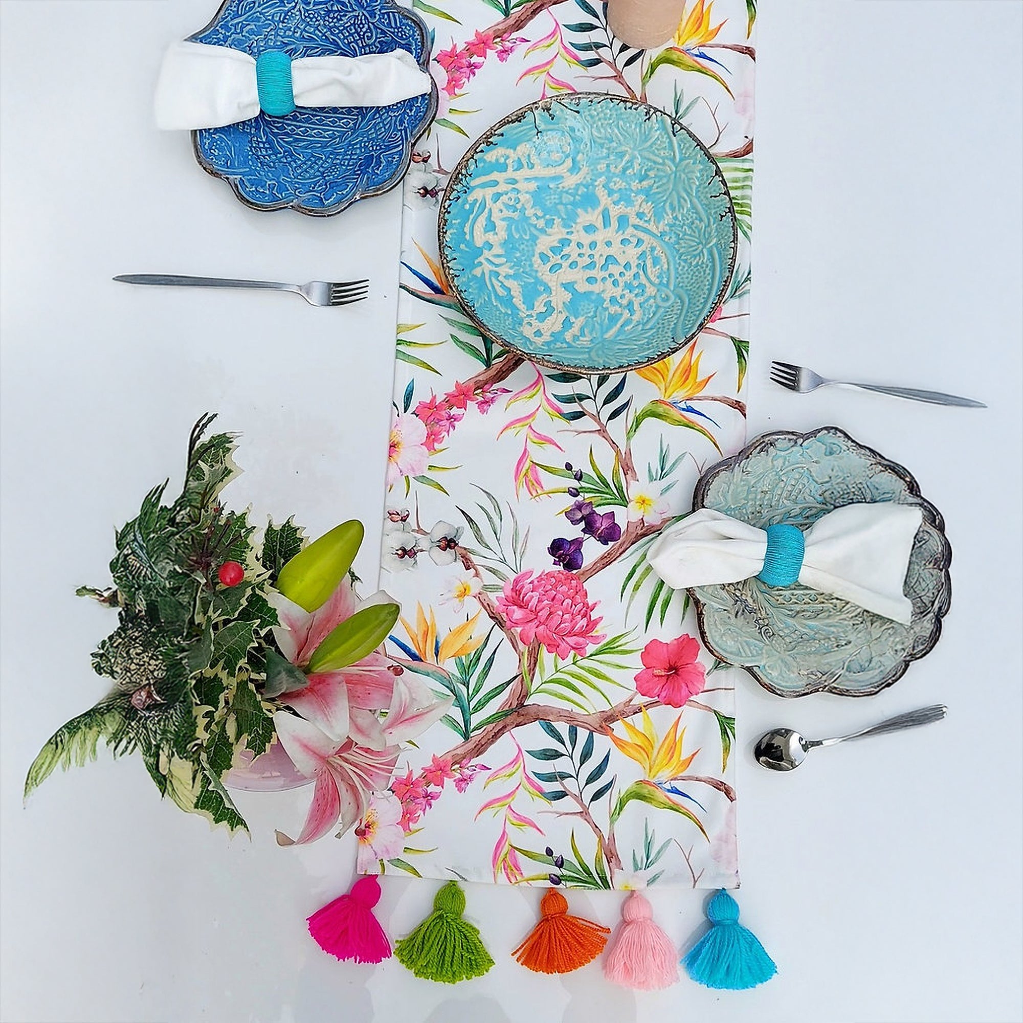 Tropical Floral Table Runner | Organic Linen | Multicolor Tassels | 92-305cm-0