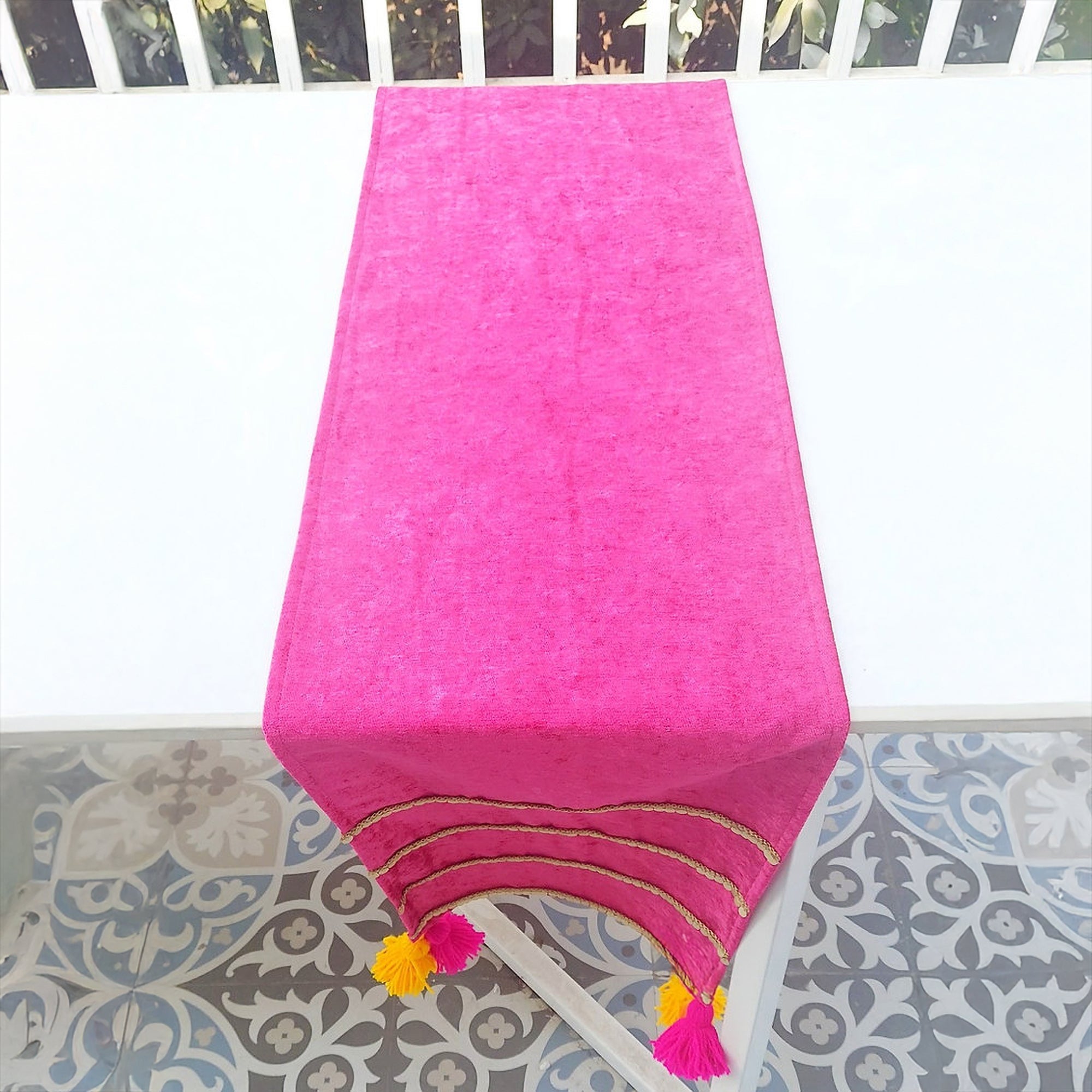 Magenta Velvet Table Runner | Gold Sequin Trim | Tassels | 92-305cm-2