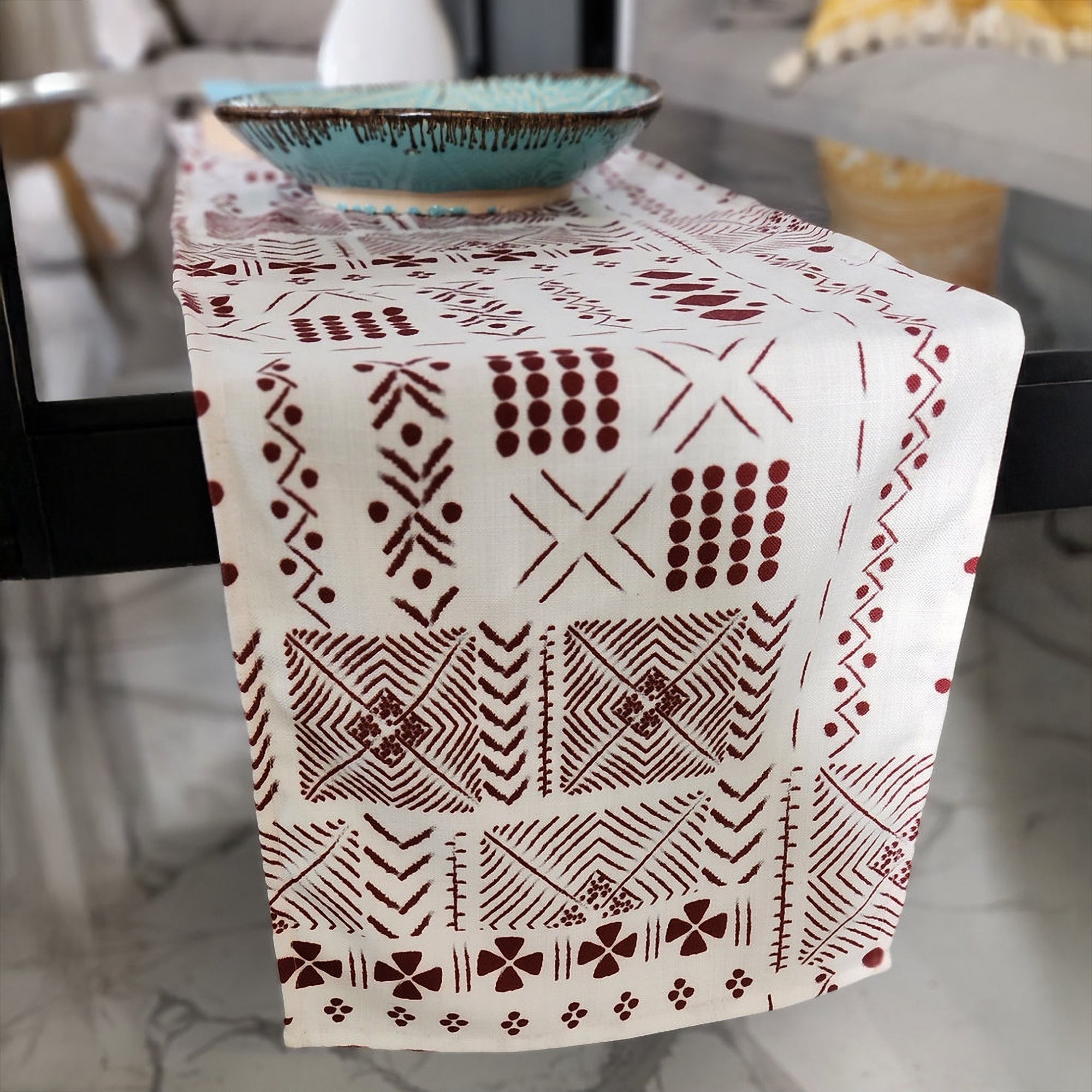 White & Maroon Tribal Table Runner | Organic Linen | Bohemian Style | 92-305cm-1