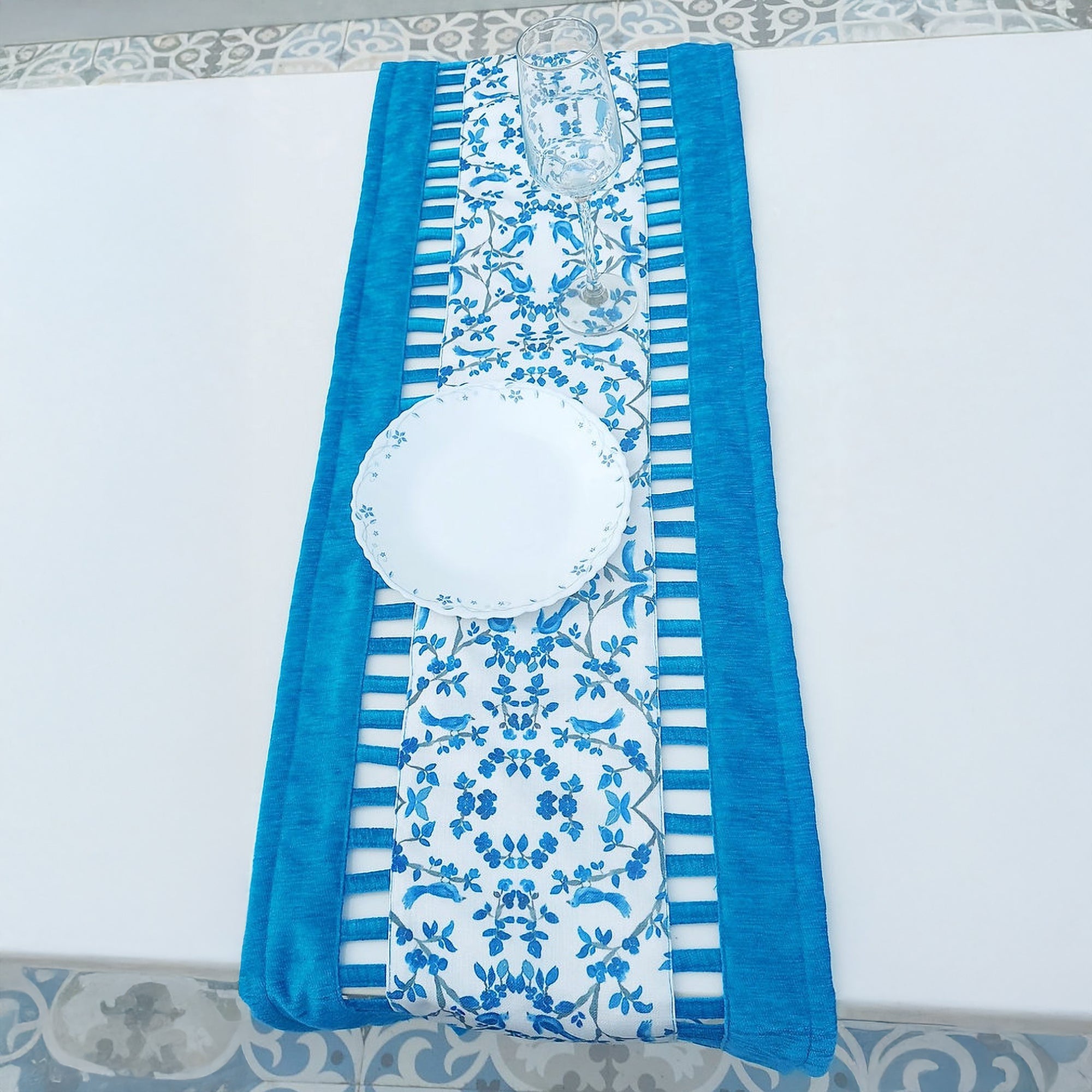 Blue & White Chinoiserie Table Runner | Organic Linen | Cutwork Design | 92-305cm-3
