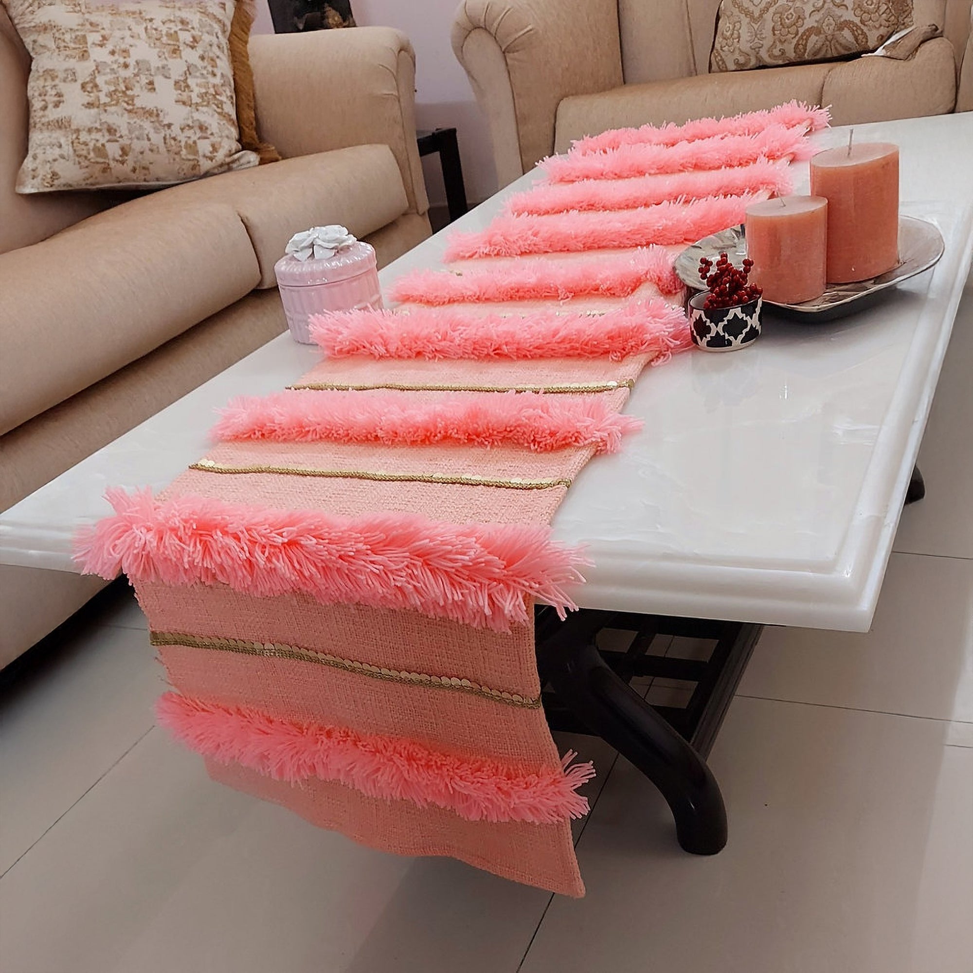 Peach Shag Table Runner | Linen with Gold Sequins | 92-305cm-4