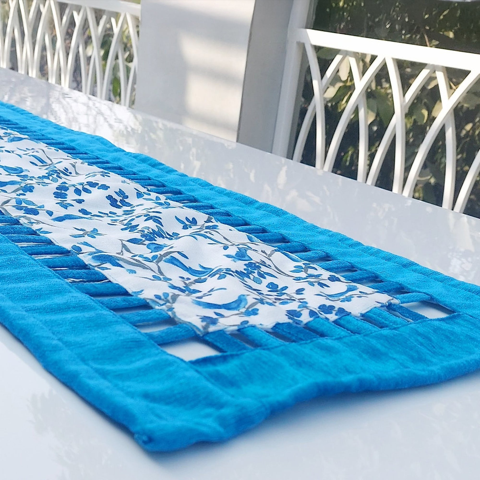 Blue & White Chinoiserie Table Runner | Organic Linen | Cutwork Design | 92-305cm-0