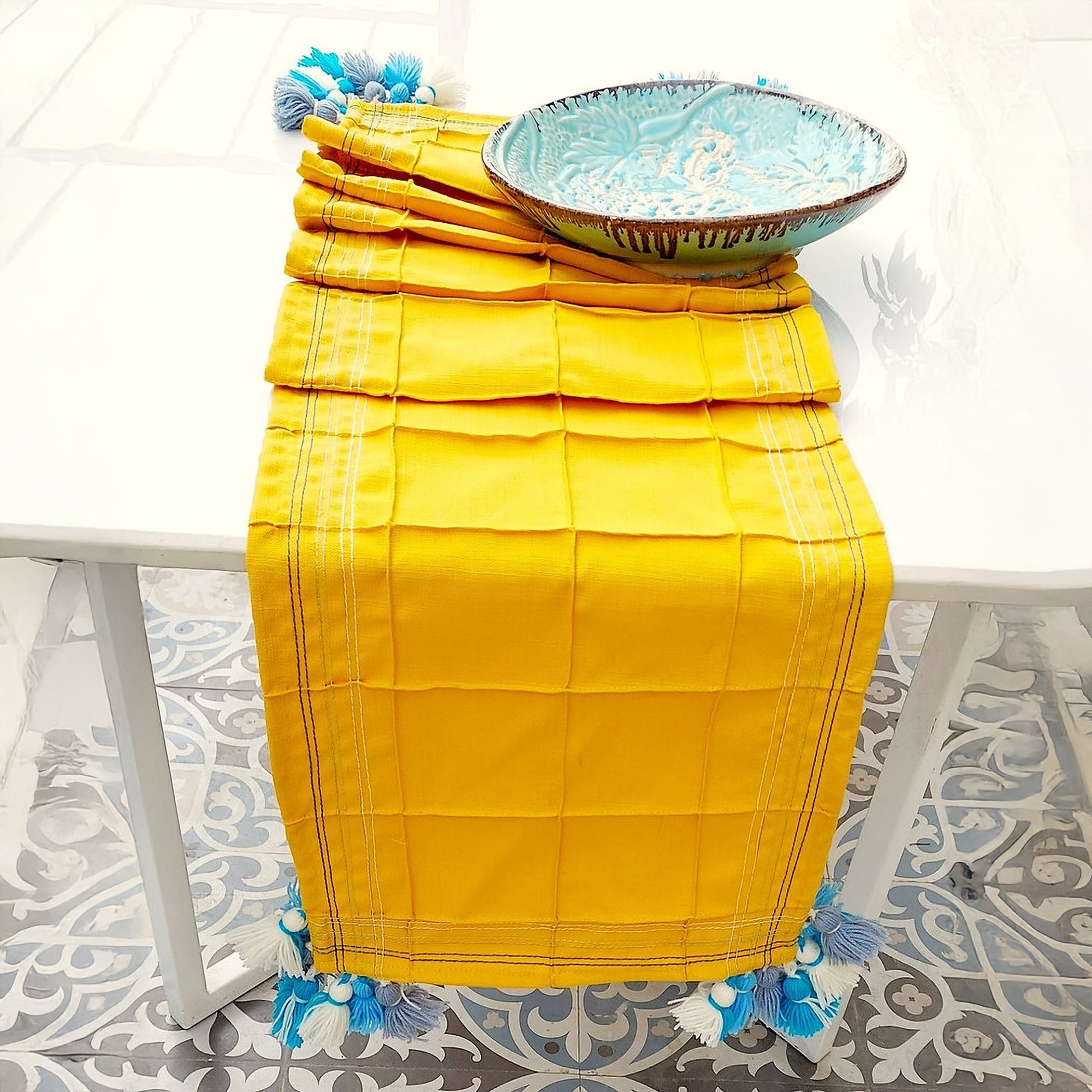 Mustard Yellow Pintuck Table Runner | Organic Linen | Tassel Trim | 92-305cm-0