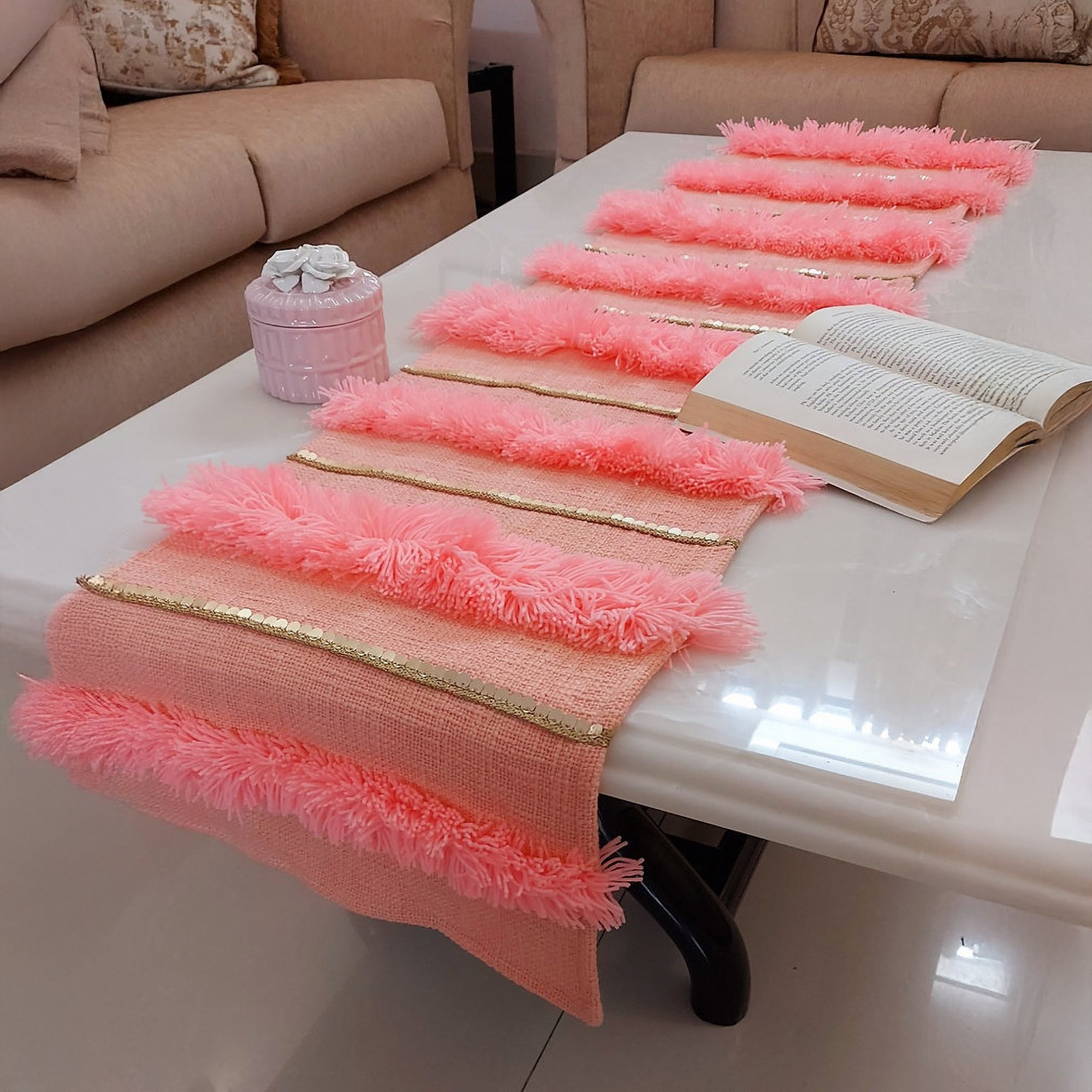 Peach Shag Table Runner | Linen with Gold Sequins | 92-305cm-1