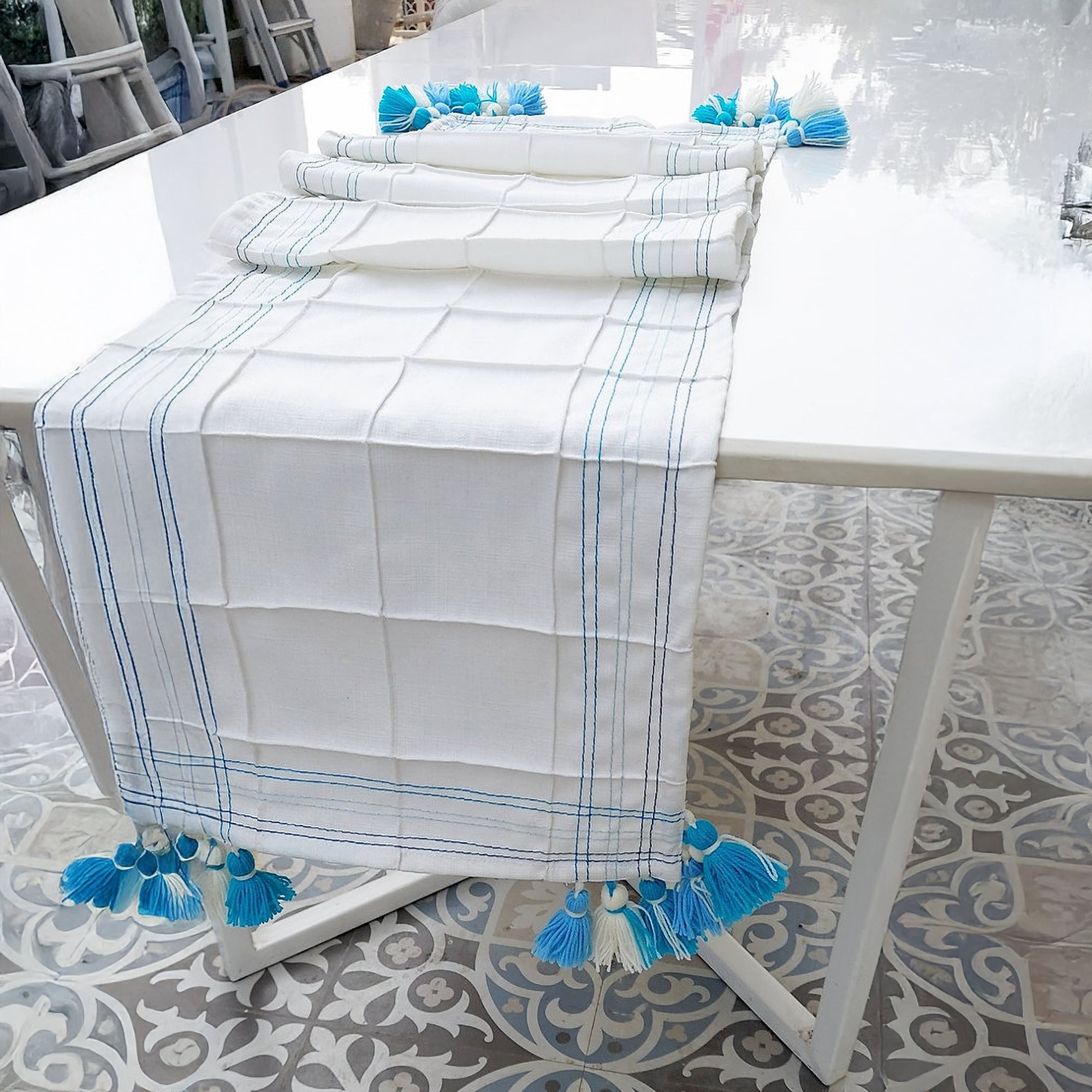 White Pintuck Linen Table Runner | Blue Accent Stitching | Tassel Trim | 92-305cm-1