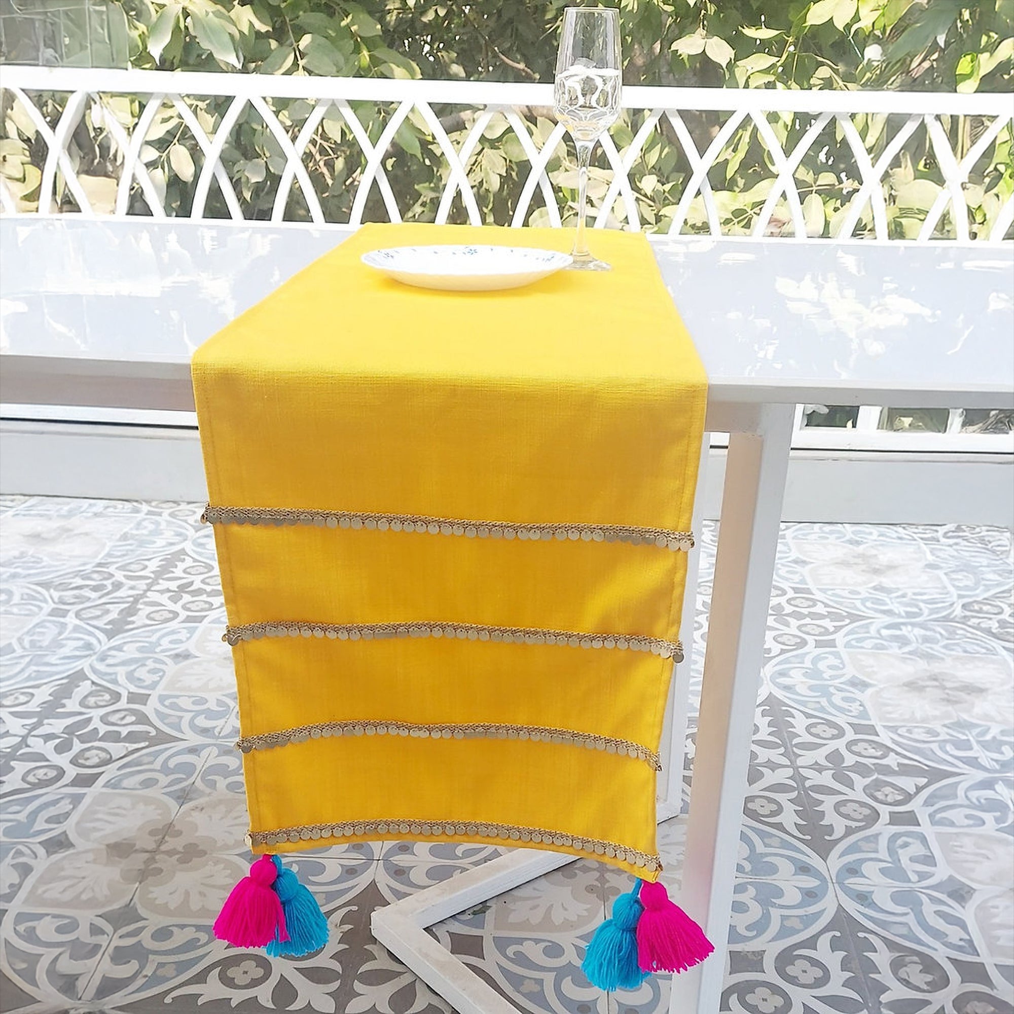 Mustard Yellow Velvet Table Runner | Gold Trim | Tassels | 92-305cm-0