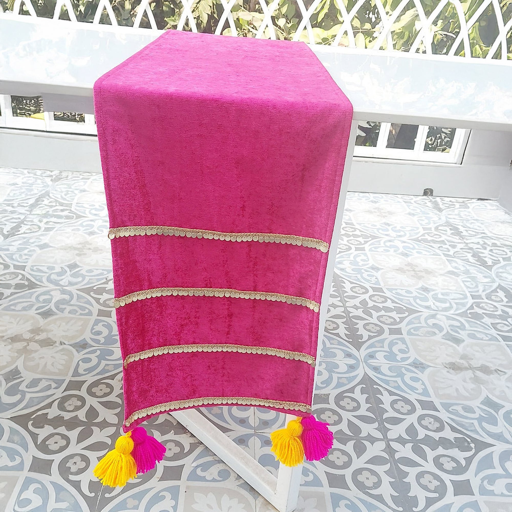 Magenta Velvet Table Runner | Gold Sequin Trim | Tassels | 92-305cm-1