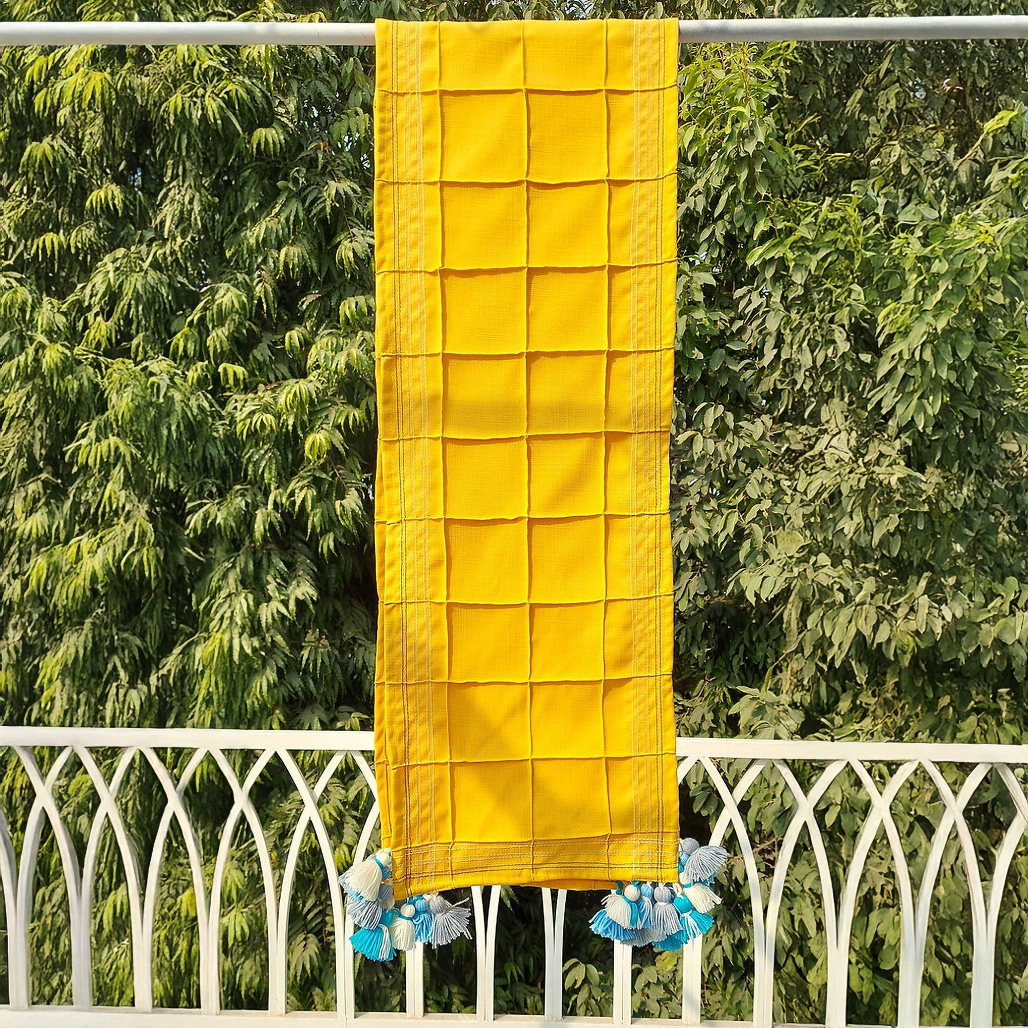 Mustard Yellow Pintuck Table Runner | Organic Linen | Tassel Trim | 92-305cm-1