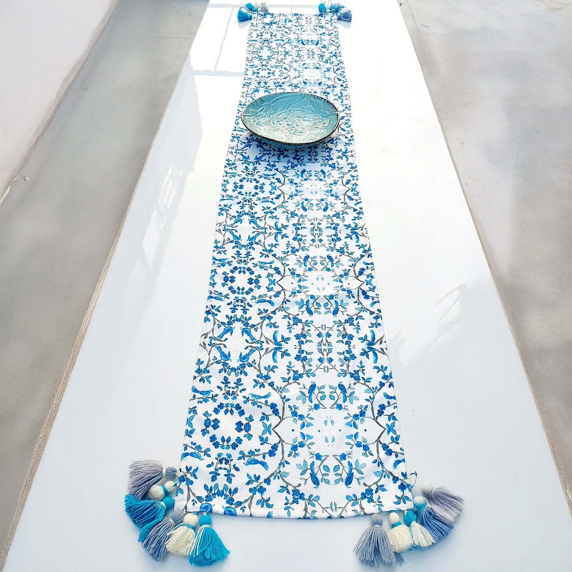 Blue Chinoiserie Table Runner | Linen | Tassels | 92-305cm-4