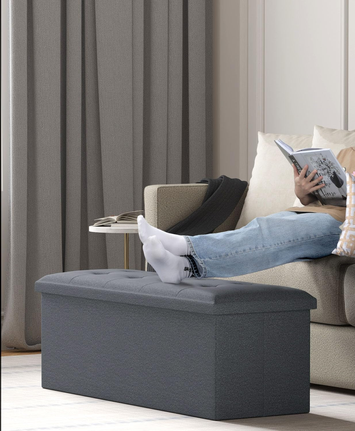 Charcoal Gray Classic Folding Storage Ottoman 43Inch