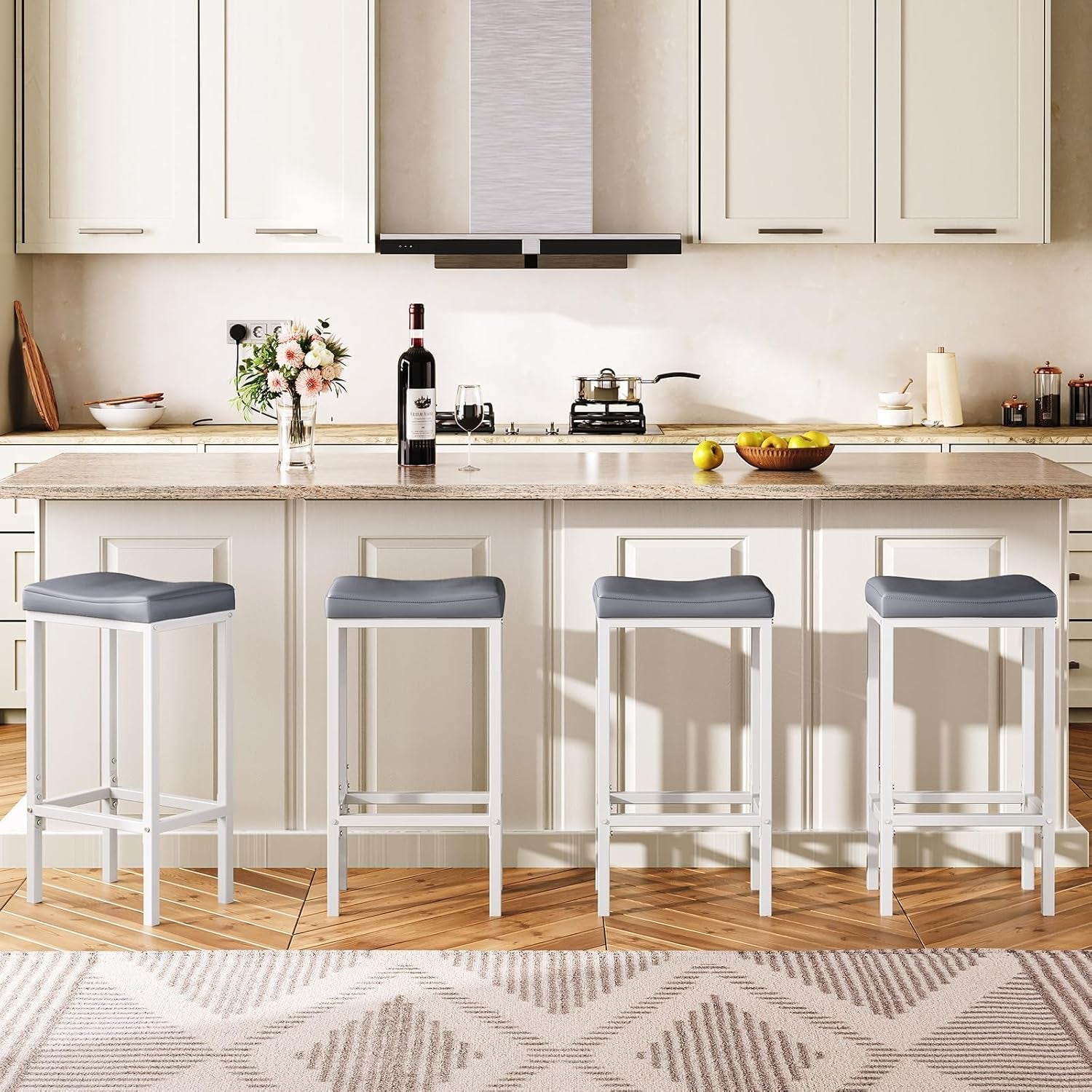 Saddle Bar Stools Set of 2, 24.8 Inches, White and Gray