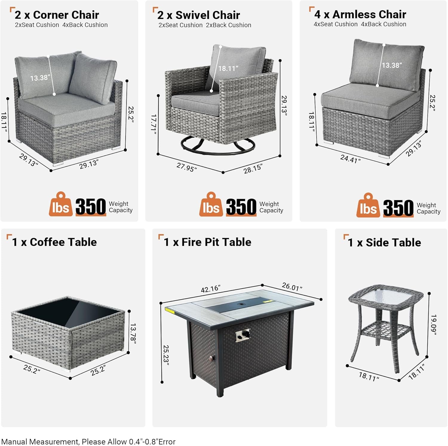 11 Piece Outdoor Patio Furniture Set With Fire Pit Table Dark Grey Wicker Sectional And Swivel Chairs