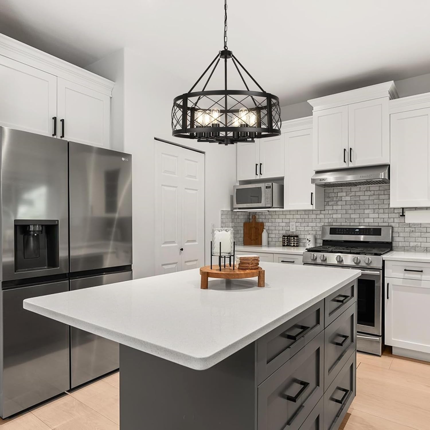 6 Light Black Rustic Drum Chandelier 22.5 Inch Dining Room-3