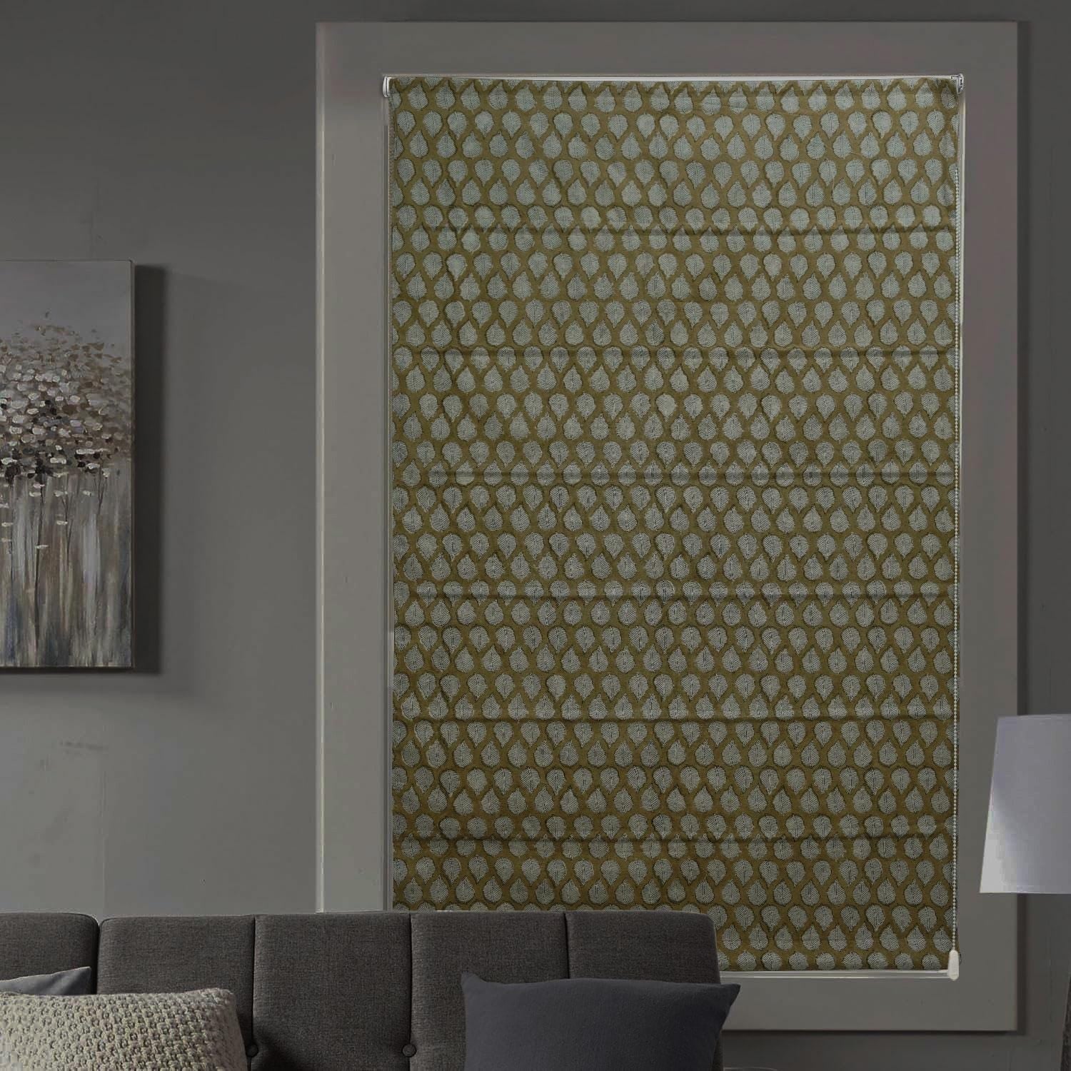 Handmade Green Floral Linen Roman Shade - Panchi