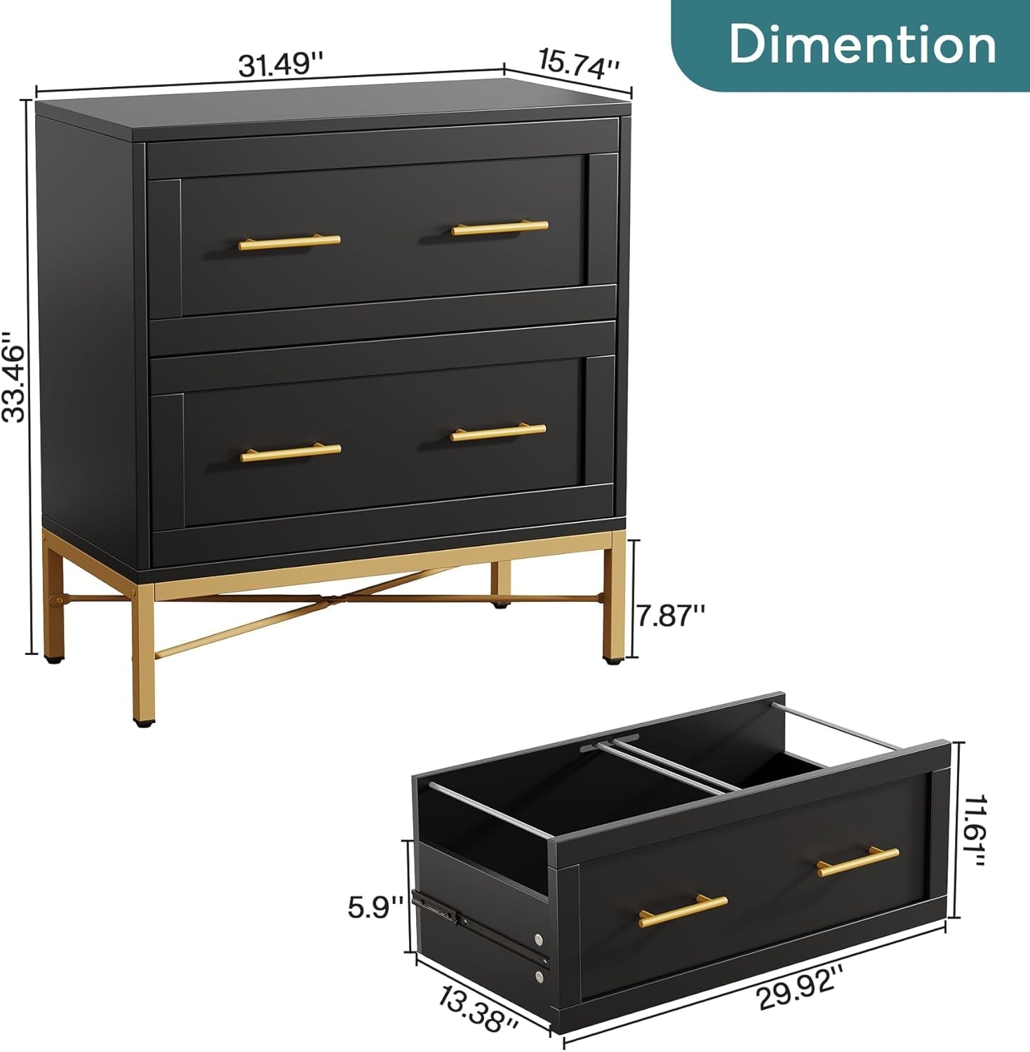 Black Gold 2 Drawer Lateral File Cabinet For Home Office