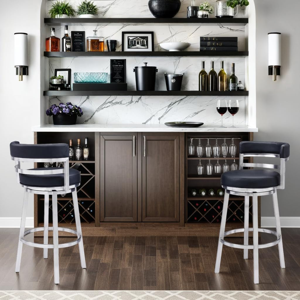 Modern Black Faux Leather Swivel Bar Stool for Kitchen
