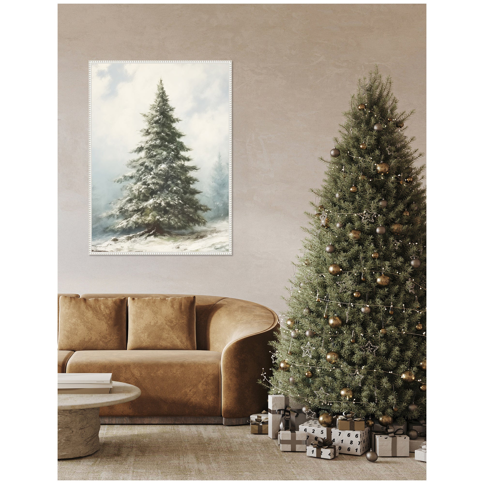 Sylvie Beaded Snow Covered Evergreen Fir Tree Framed Canvas by The Creative Bunch Studio