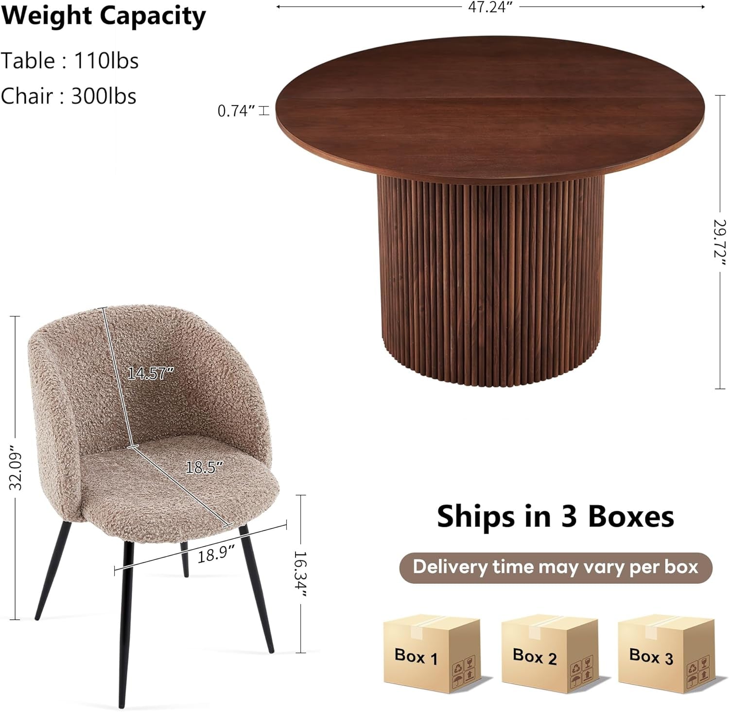 Forty Seven Inch Round Dining Table Set Walnut Finish Woodgrain Chairs