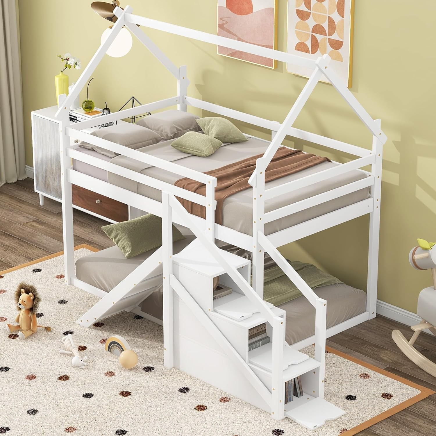 White House Twin Over Twin Bunk Bed With Slide And Stairs