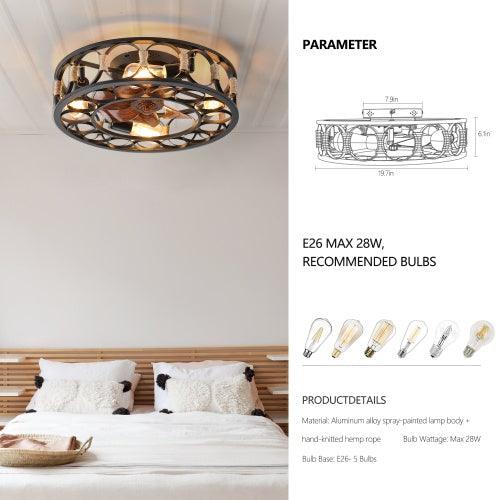 Cage Ceiling Fan With Light Remote Control, Low-profile Built-in Farmhouse Modern Ceiling Fan, 6 Speed Reversible Blades, Including 5 LED Bulbs Unavailable Platforms- Temu - PRHOMZ