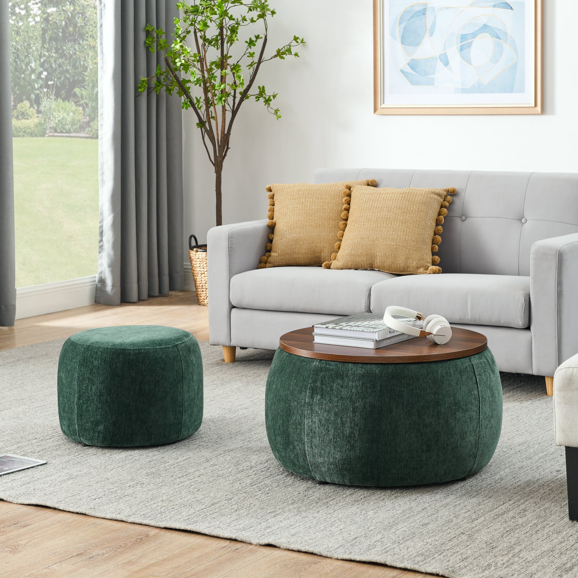 Modern Classic Round Storage Ottoman Coffee Table with Removable Top