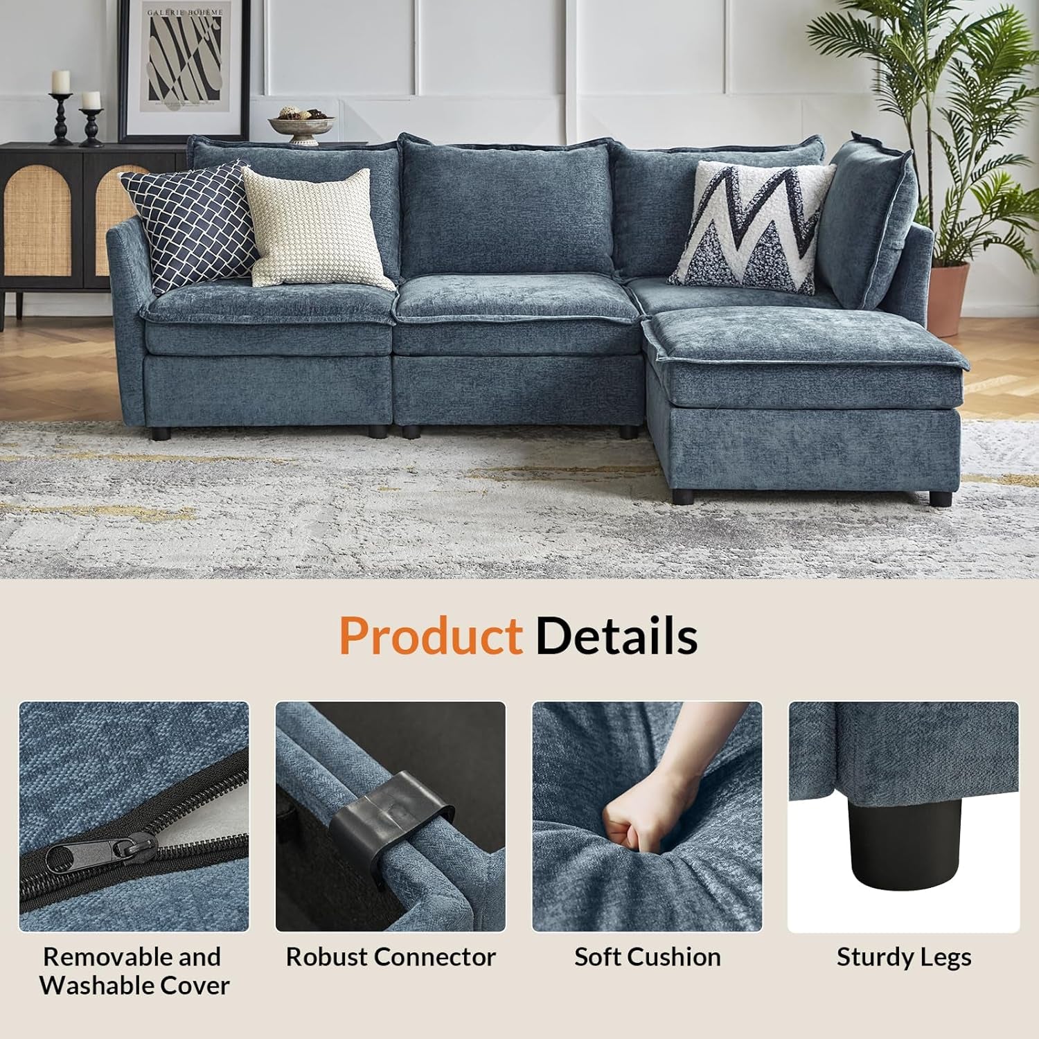 127 Inch Modular Sectional Sofa Blue Chenille U Shaped