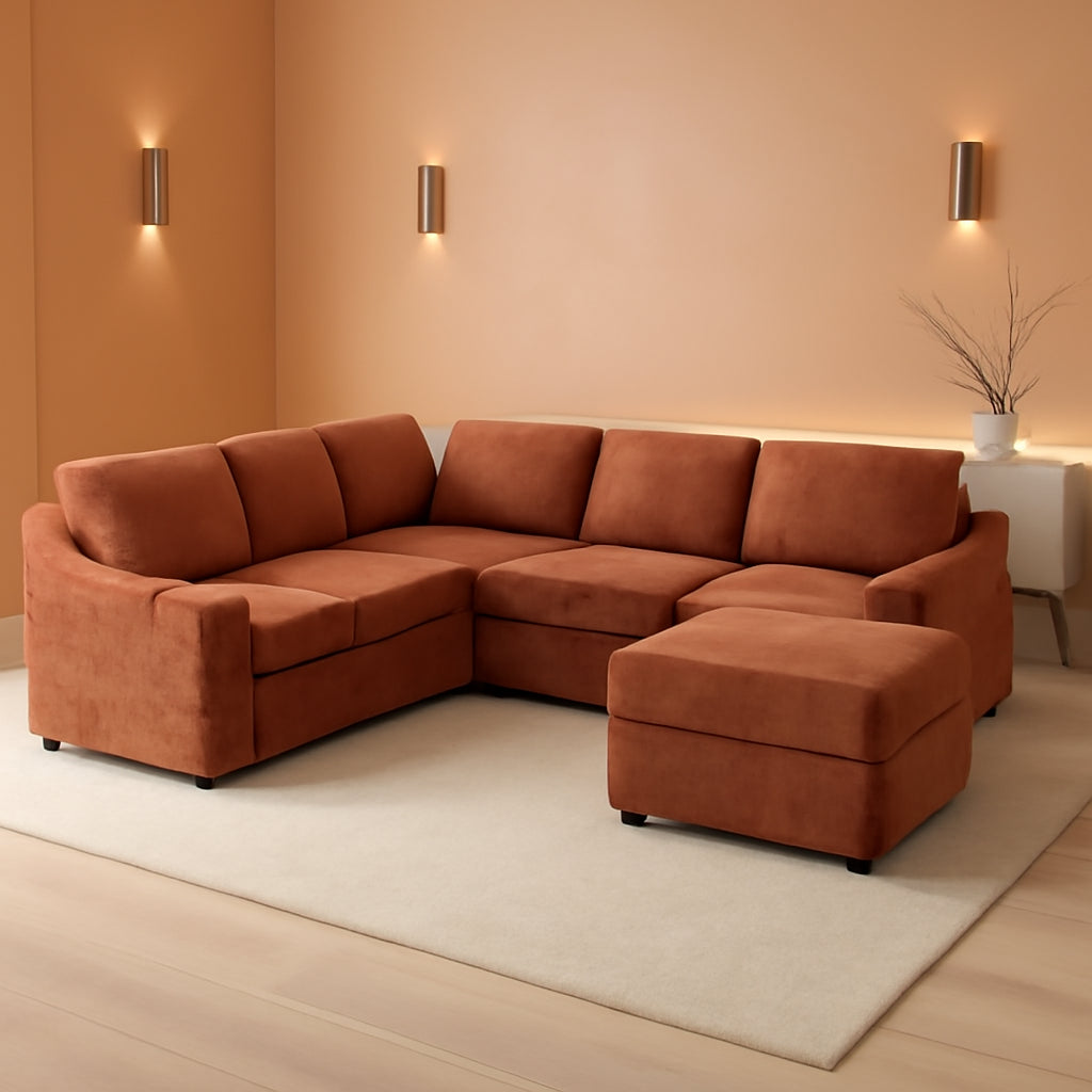 116Inch Orange Chenille Fabric Modular Sleeper Sofa USB