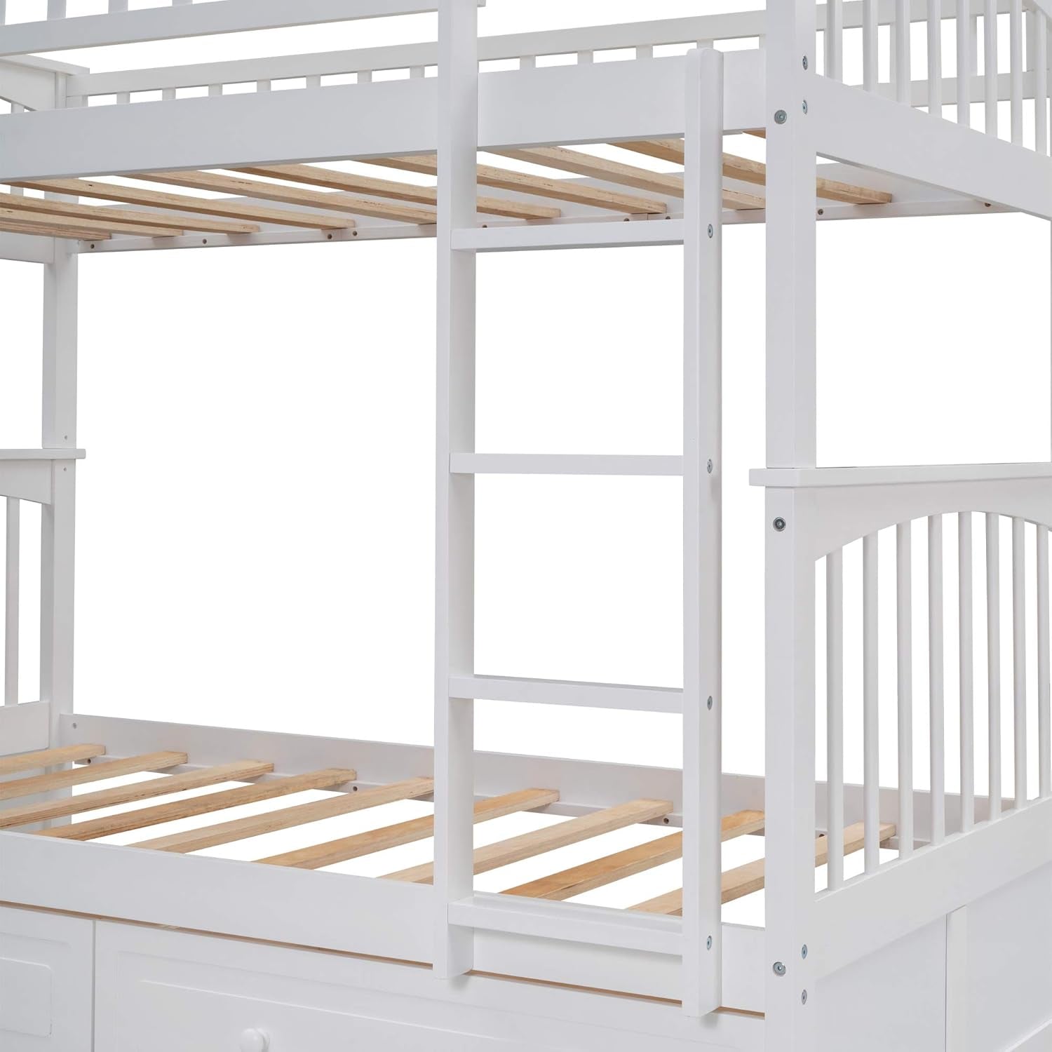 White Convertible Wood Twin Over Twin Bunk Bed With Storage Drawers