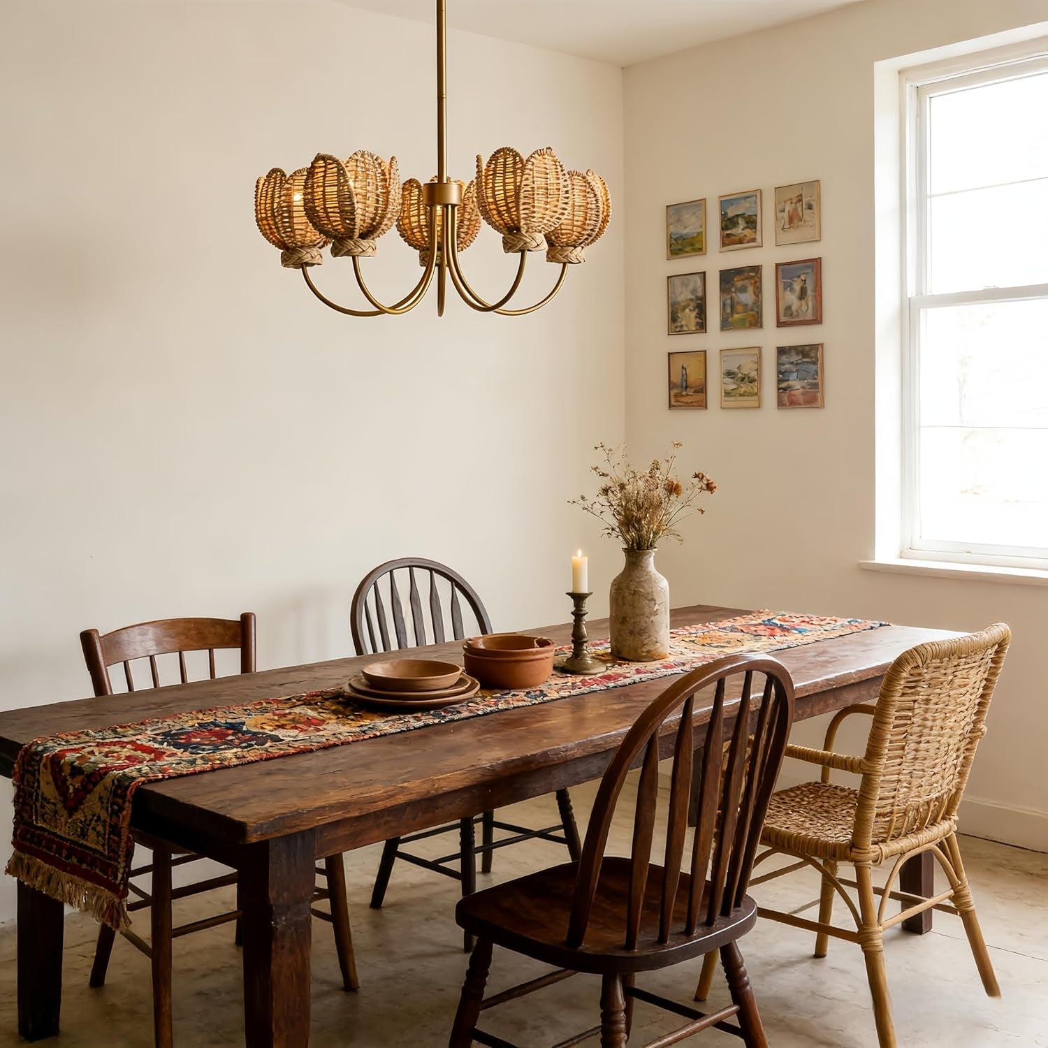 Natural Wicker Brass Chandelier Pendant Light 38 Inch-1