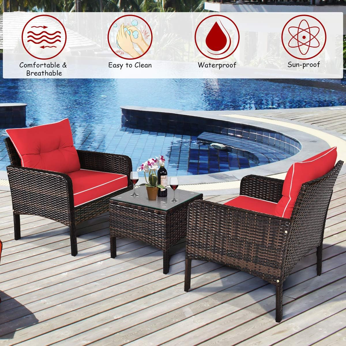 Red 3 Piece Outdoor Patio Furniture Set With Wicker Chairs And Glass Top Coffee Table