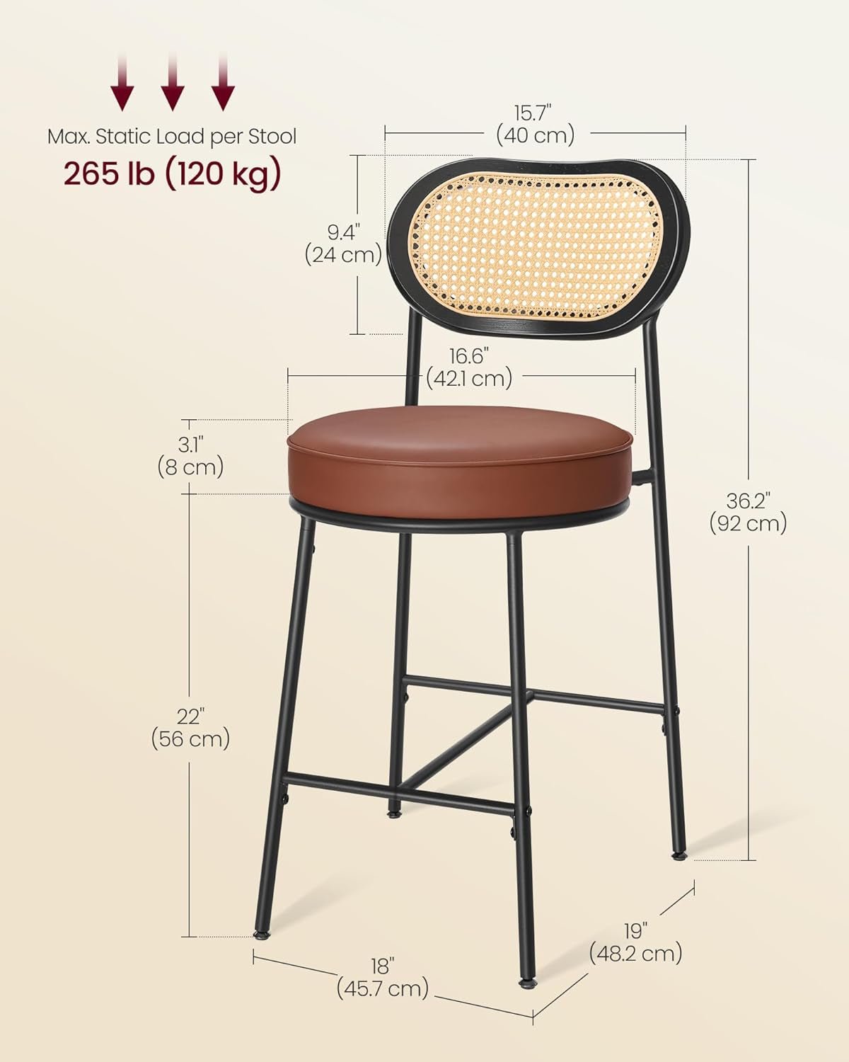 Caramel Brown Leather Bar Stools Set Of 2 25.1 Inch Tall