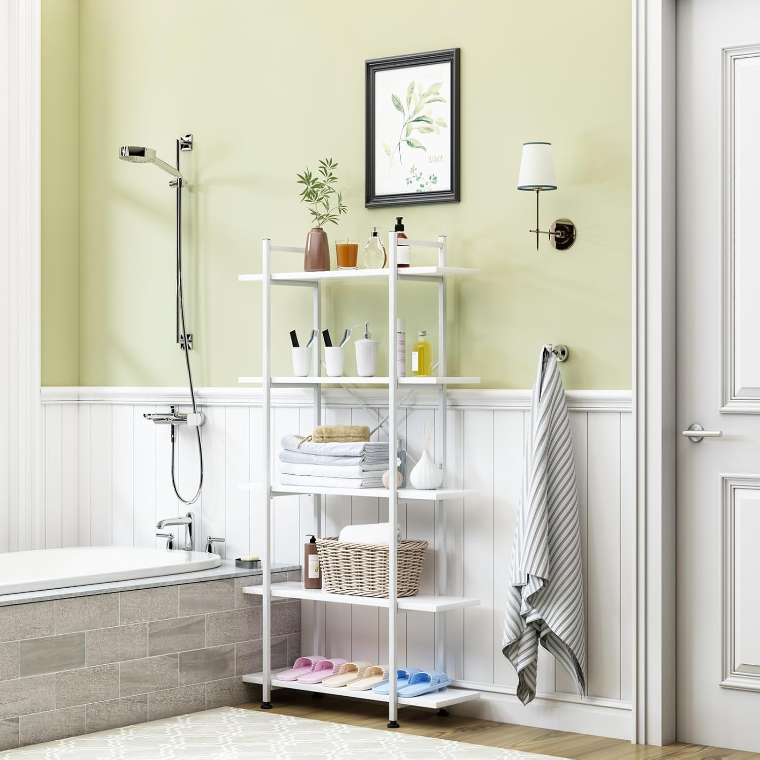 White 5 Tier Wooden Bookcase Tall Storage Organizer