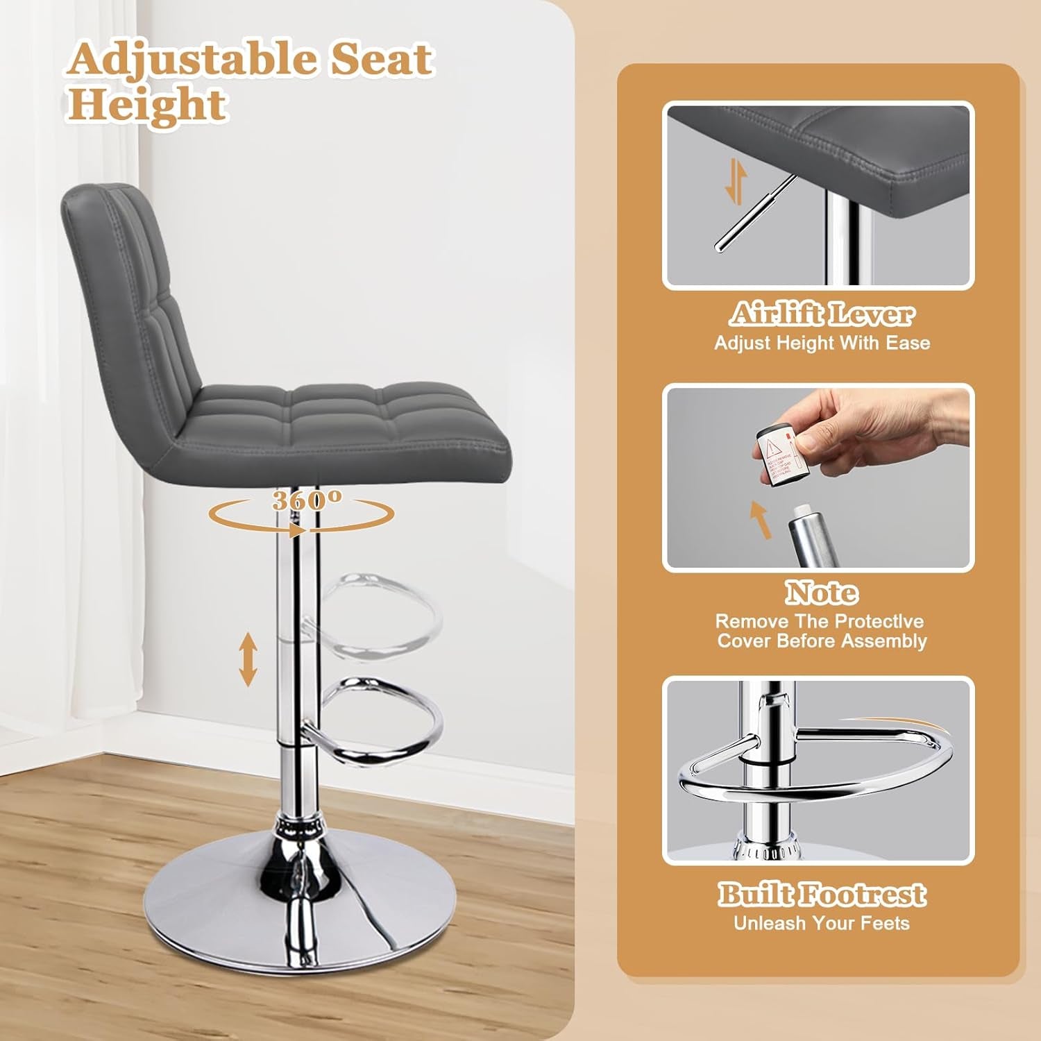 Grey Adjustable Swivel Bar Stools Set of 2 With PU Leather