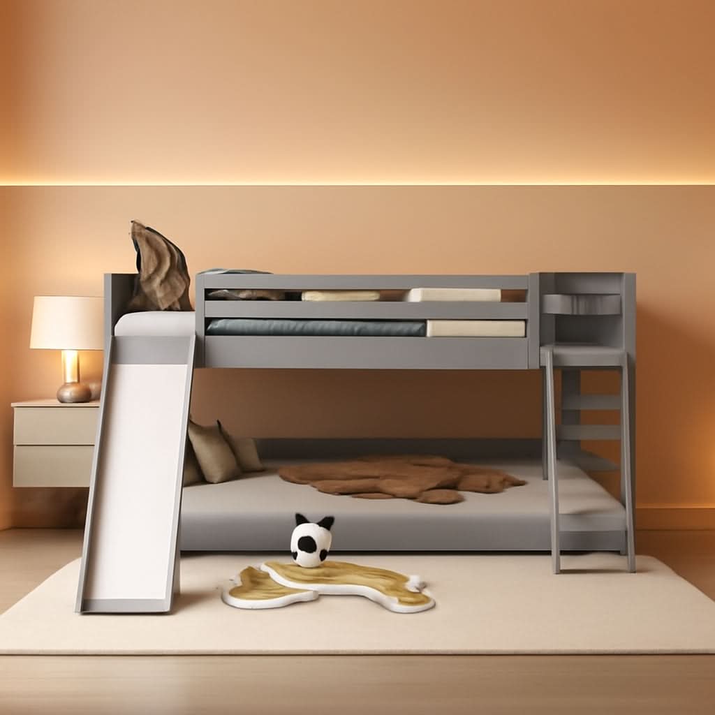 Grey Twin Bunk Bed With Slide Solid Pine Construction